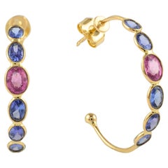 Pendientes de aro con zafiro múltiple montados en oro amarillo macizo de 14k Regalo para ella
