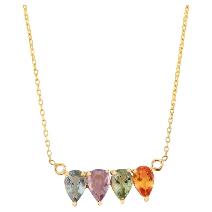 14k Solid Yellow Gold Multi Sapphire Teardrop Pendant Necklace for mother's day