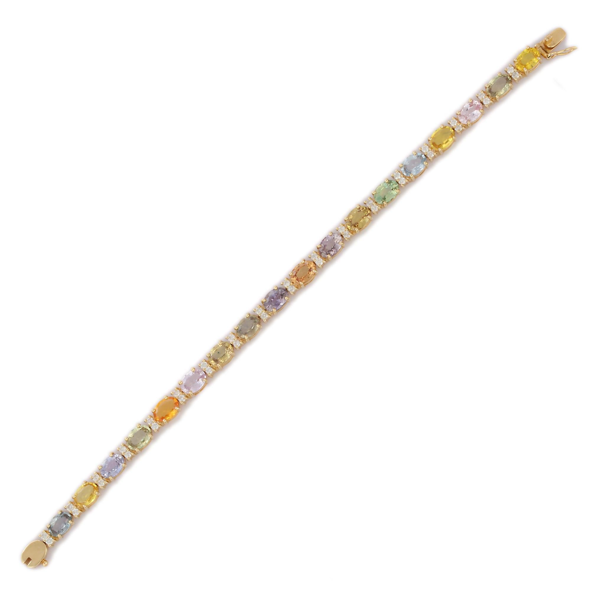Modern 14K Solid Yellow Gold Multi Sapphire Tennis Bracelet with Diamonds For Sale