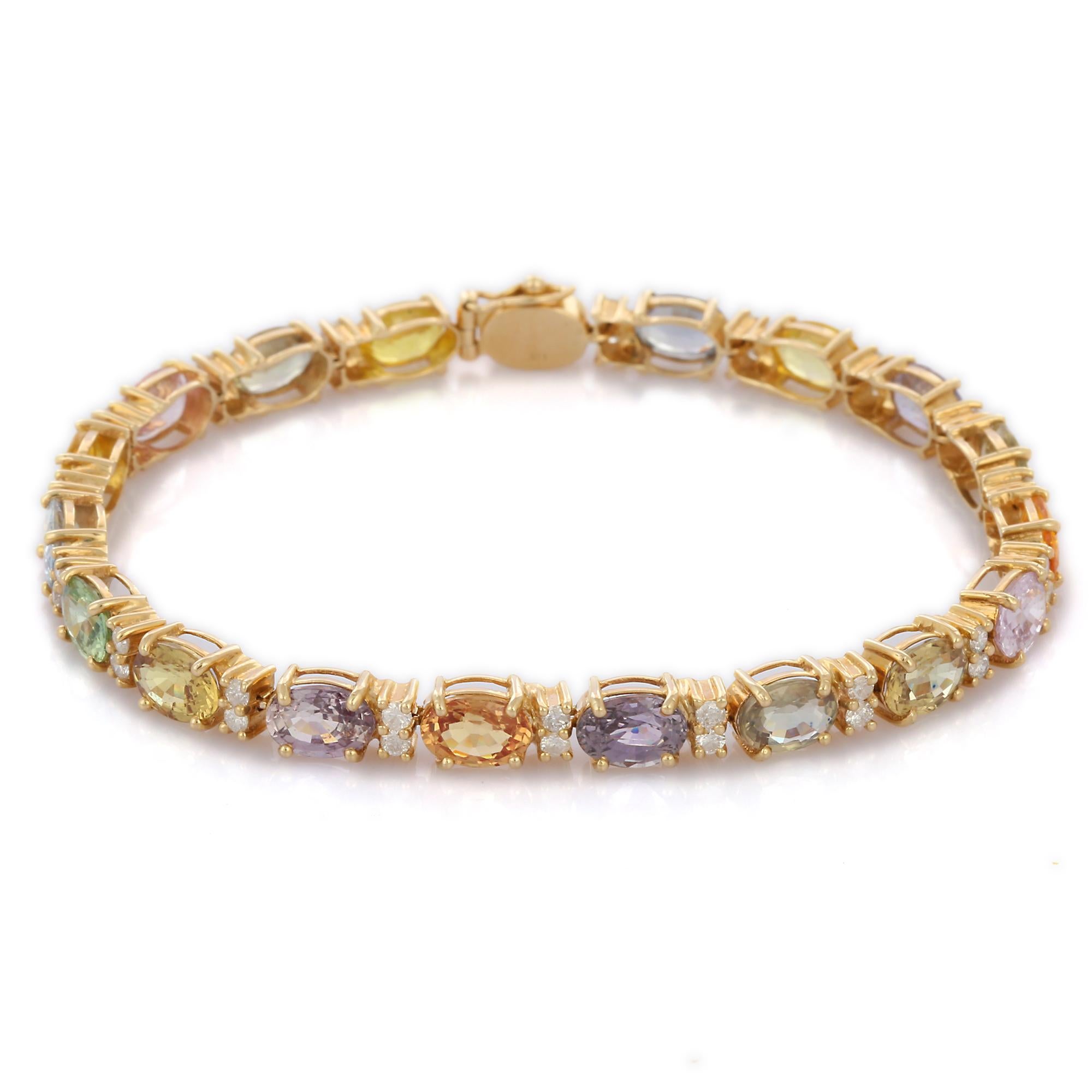 Oval Cut 14K Solid Yellow Gold Multi Sapphire Tennis Bracelet with Diamonds For Sale
