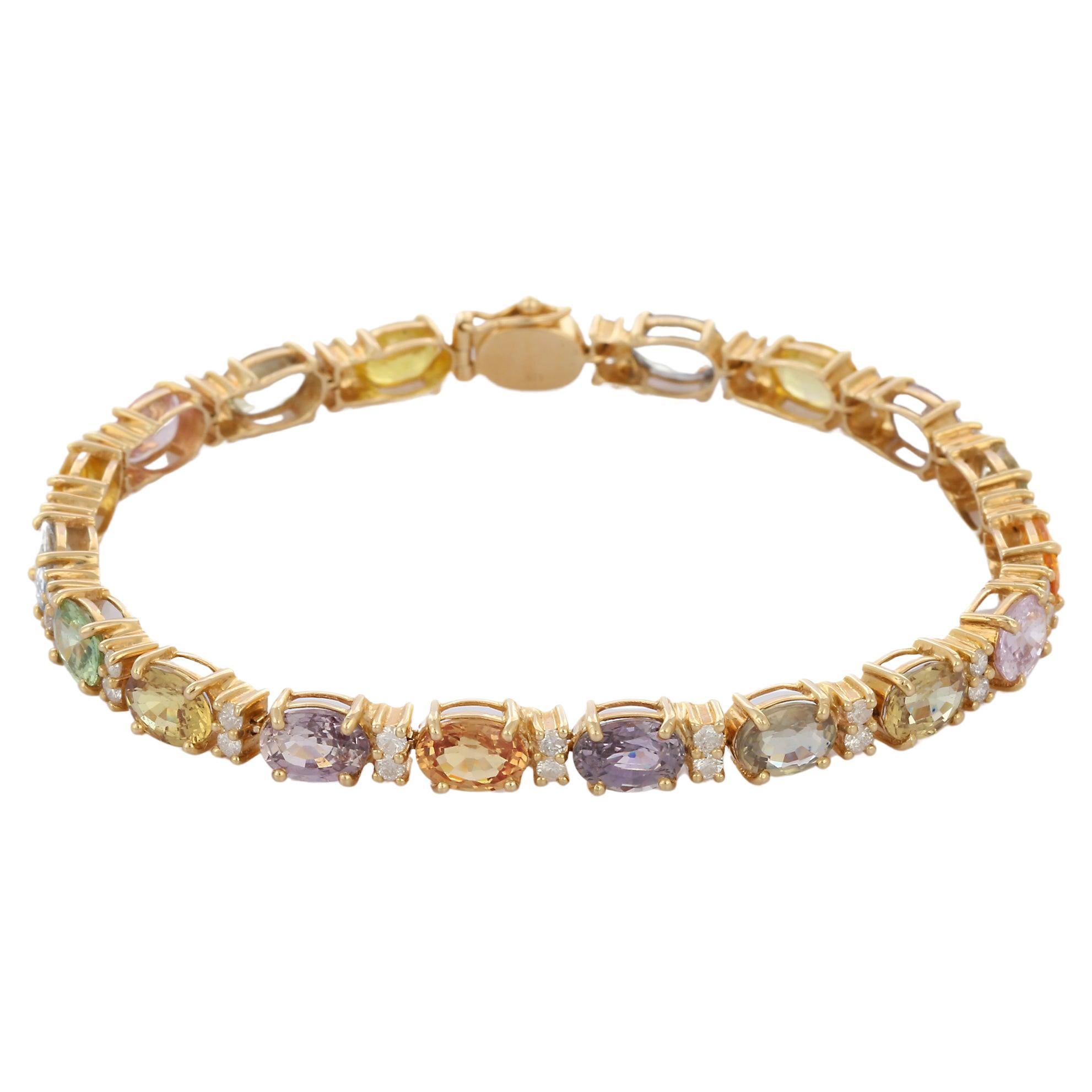 Bracelet tennis en or jaune massif 14 carats avec plusieurs saphirs et diamants