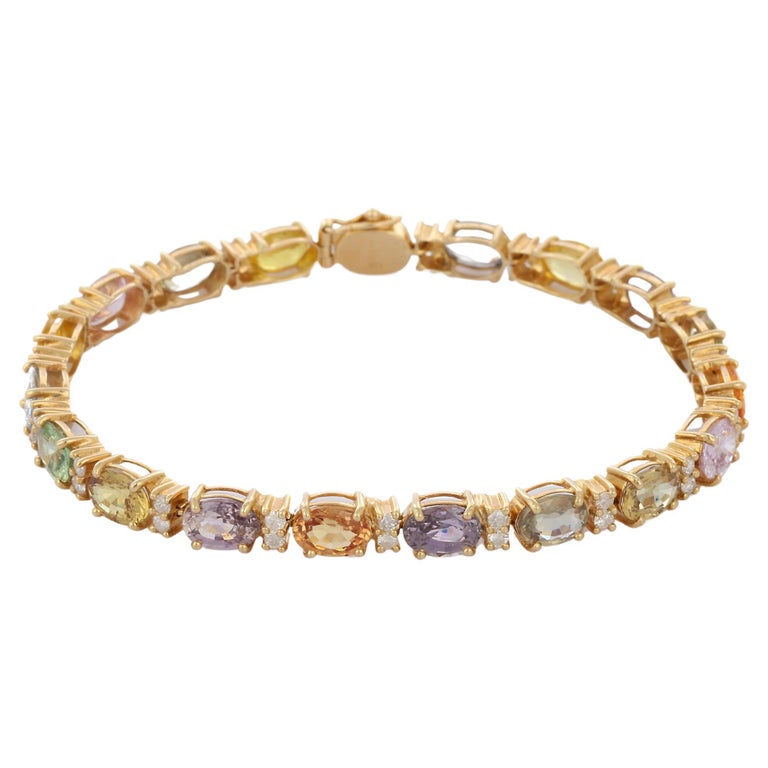 14K Solid Yellow Gold Multi Sapphire Tennis Bracelet with Diamonds For Sale at 1stDibs