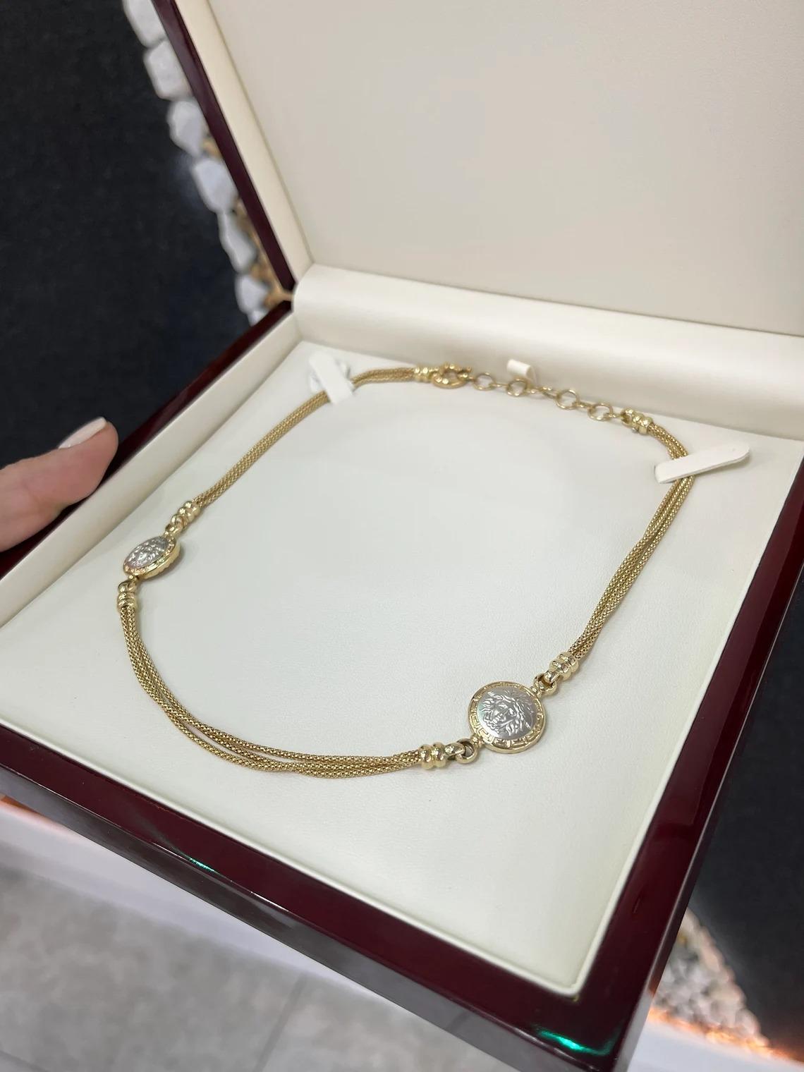 14K Solid Yellow Gold Multi-Strand Box Chain European Madusa Head 585 Necklace In New Condition For Sale In Jupiter, FL