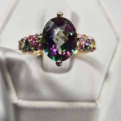 14K Solid Yellow Gold Mystic Topaz Multicolored Gemstone Cocktail/Engagment Ring