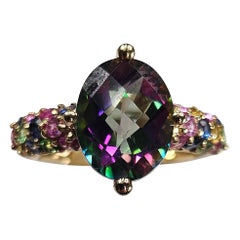 14K Solid Yellow Gold Mystic Topaz Multicolored Gemstone Cocktail/Engagment Ring