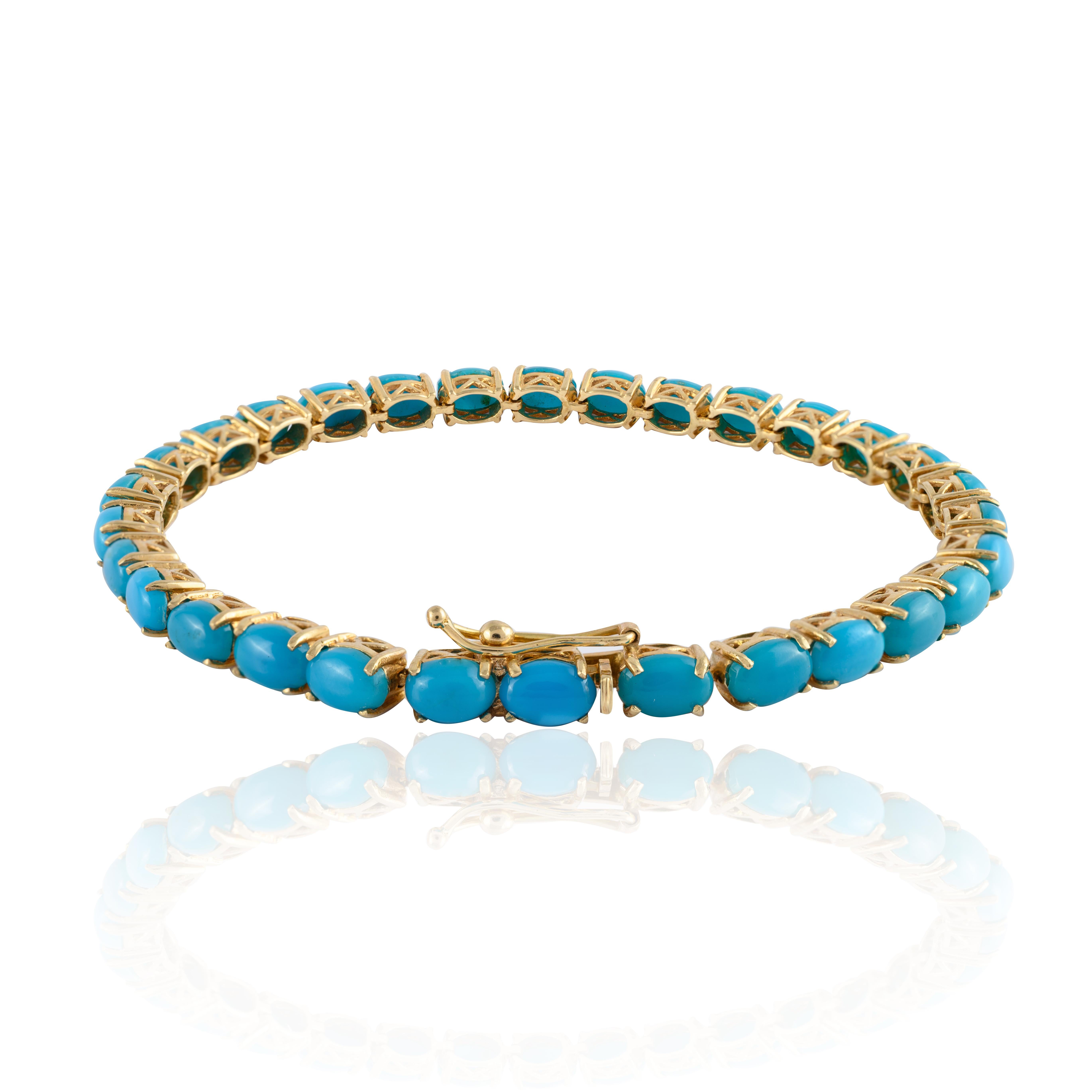 Modern 14k Solid Yellow Gold Natural 14.35 Carat Turquoise Tennis Bracelet For Sale