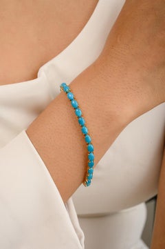 Bracelet tennis en or jaune massif 14 carats avec turquoise naturelle de 14,35 carats