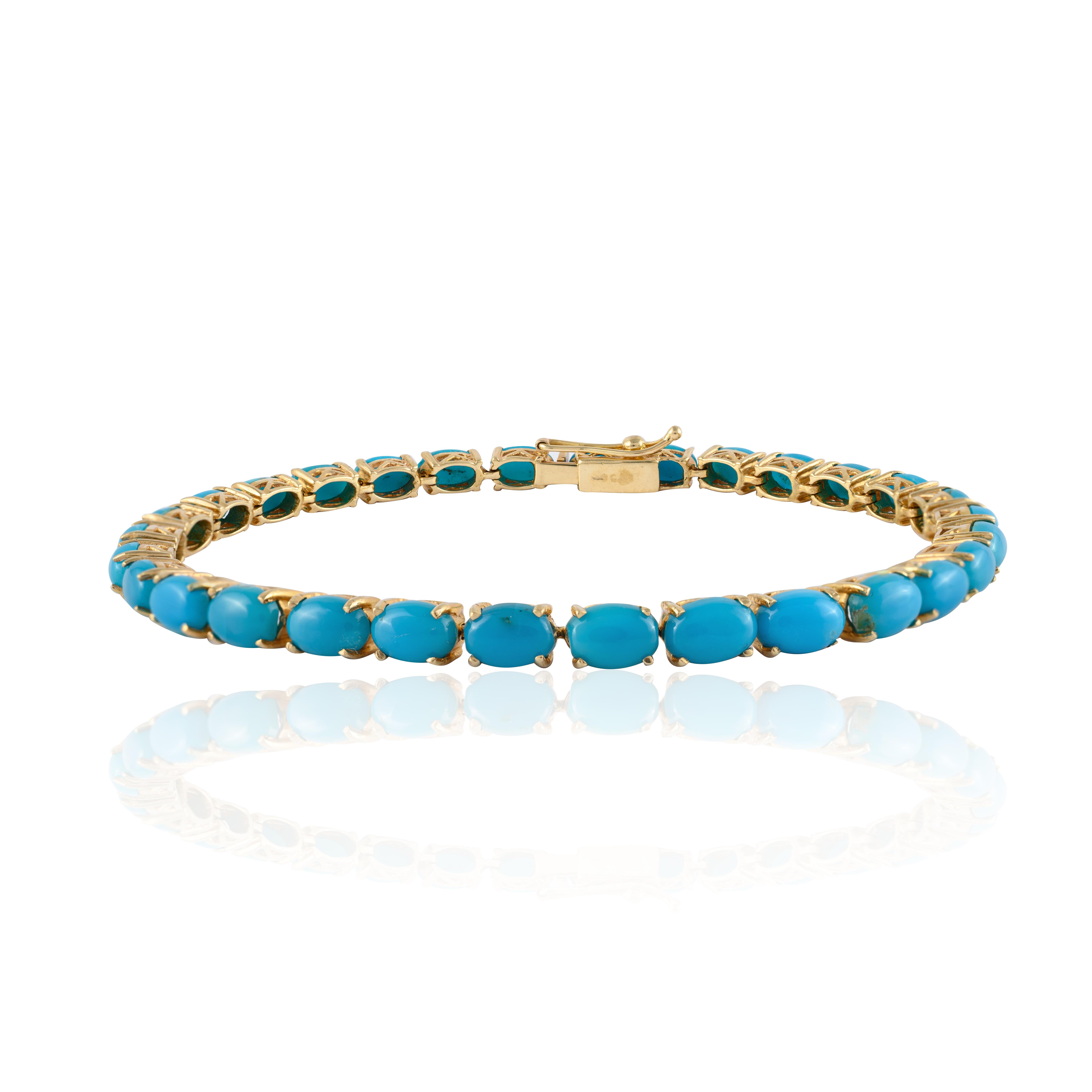 14k Solid Yellow Gold Natural 14.35 Carat Turquoise Tennis Bracelet In New Condition For Sale In Houston, TX