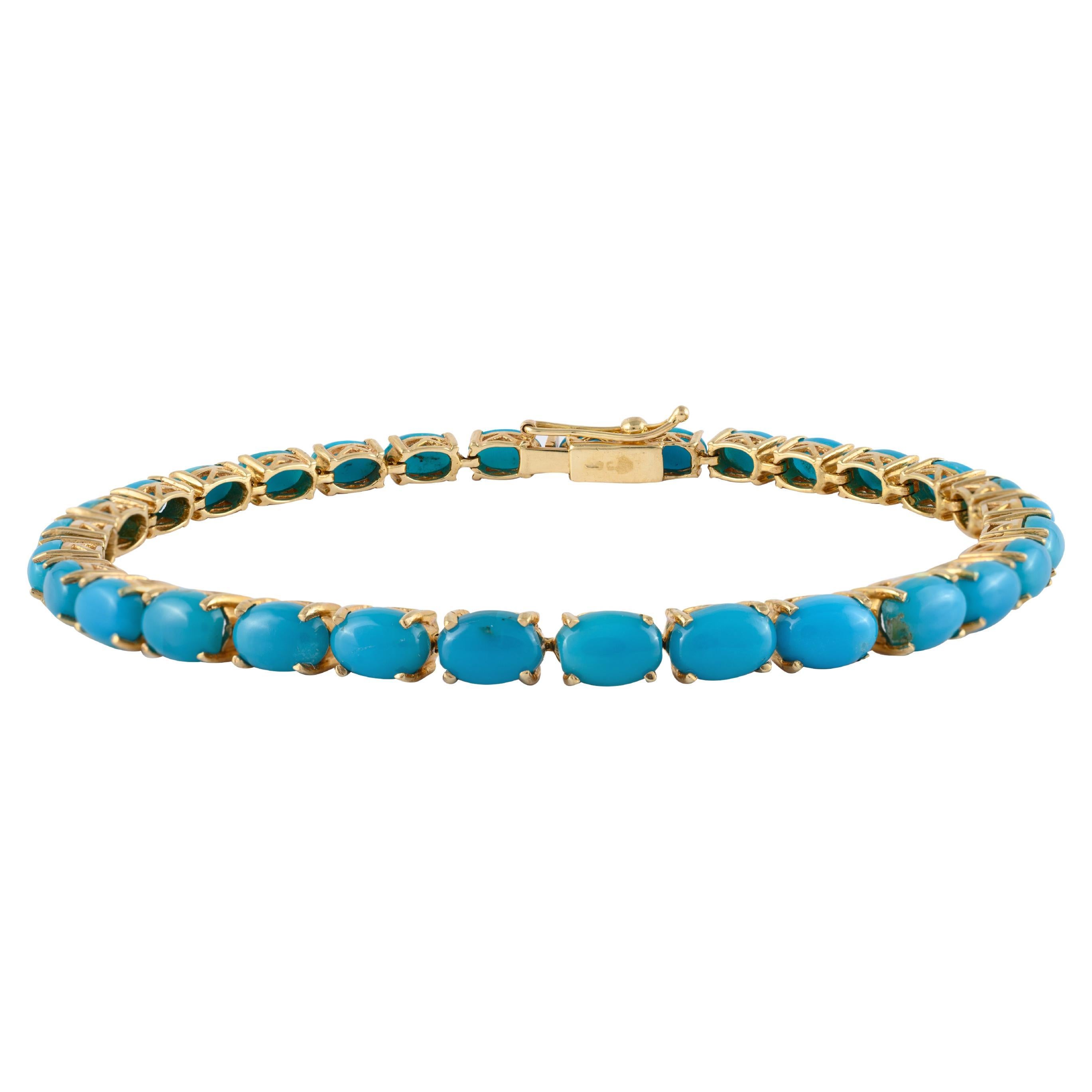 14k Solid Yellow Gold Natural 14.35 Carat Turquoise Tennis Bracelet For Sale