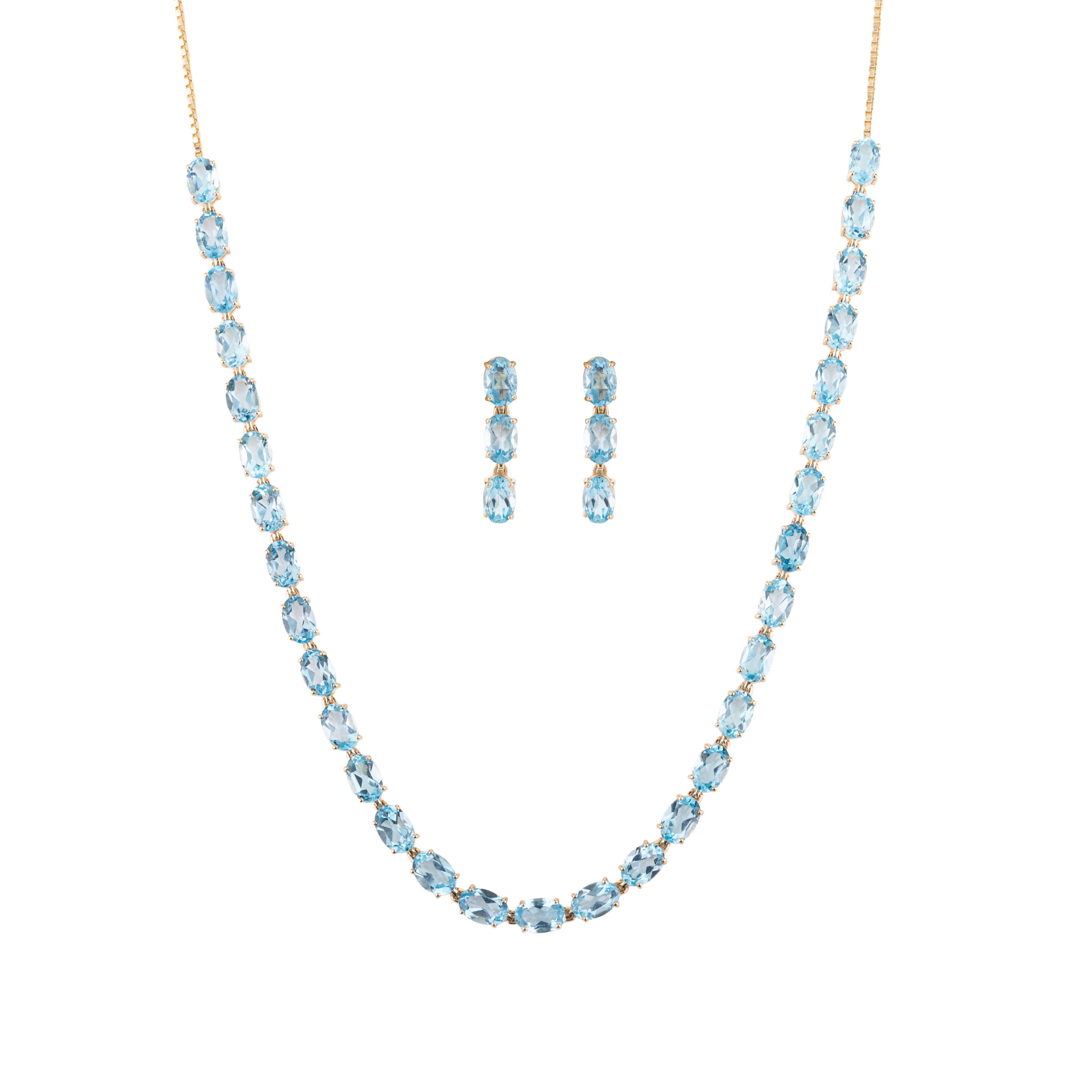 14k Solid Yellow Gold Natural Blue Topaz Gemstone Necklace and Earrings Set For Sale 4
