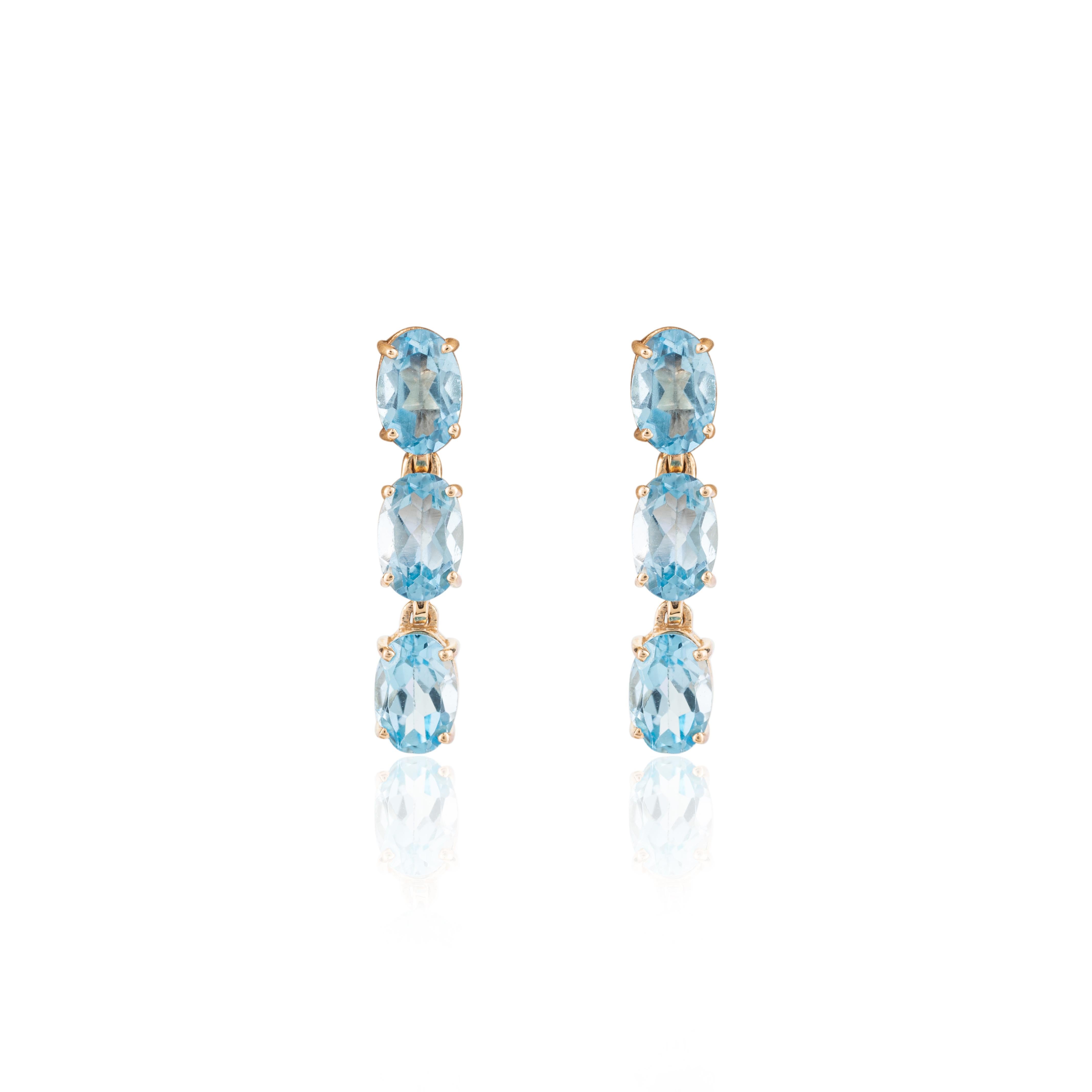 14k Solid Yellow Gold Natural Blue Topaz Gemstone Necklace and Earrings Set For Sale 4