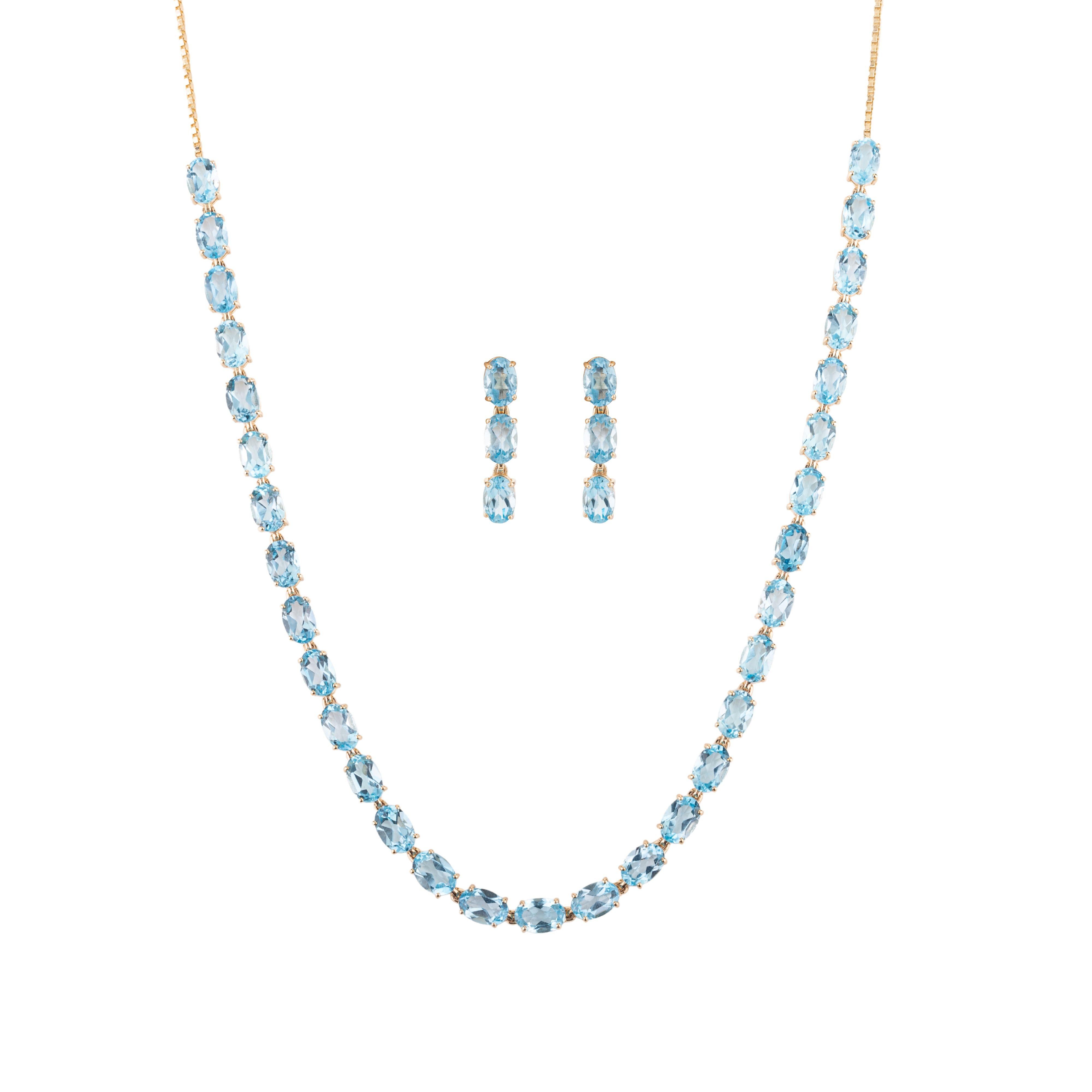14k Solid Yellow Gold Natural Blue Topaz Gemstone Necklace and Earrings Set For Sale 5