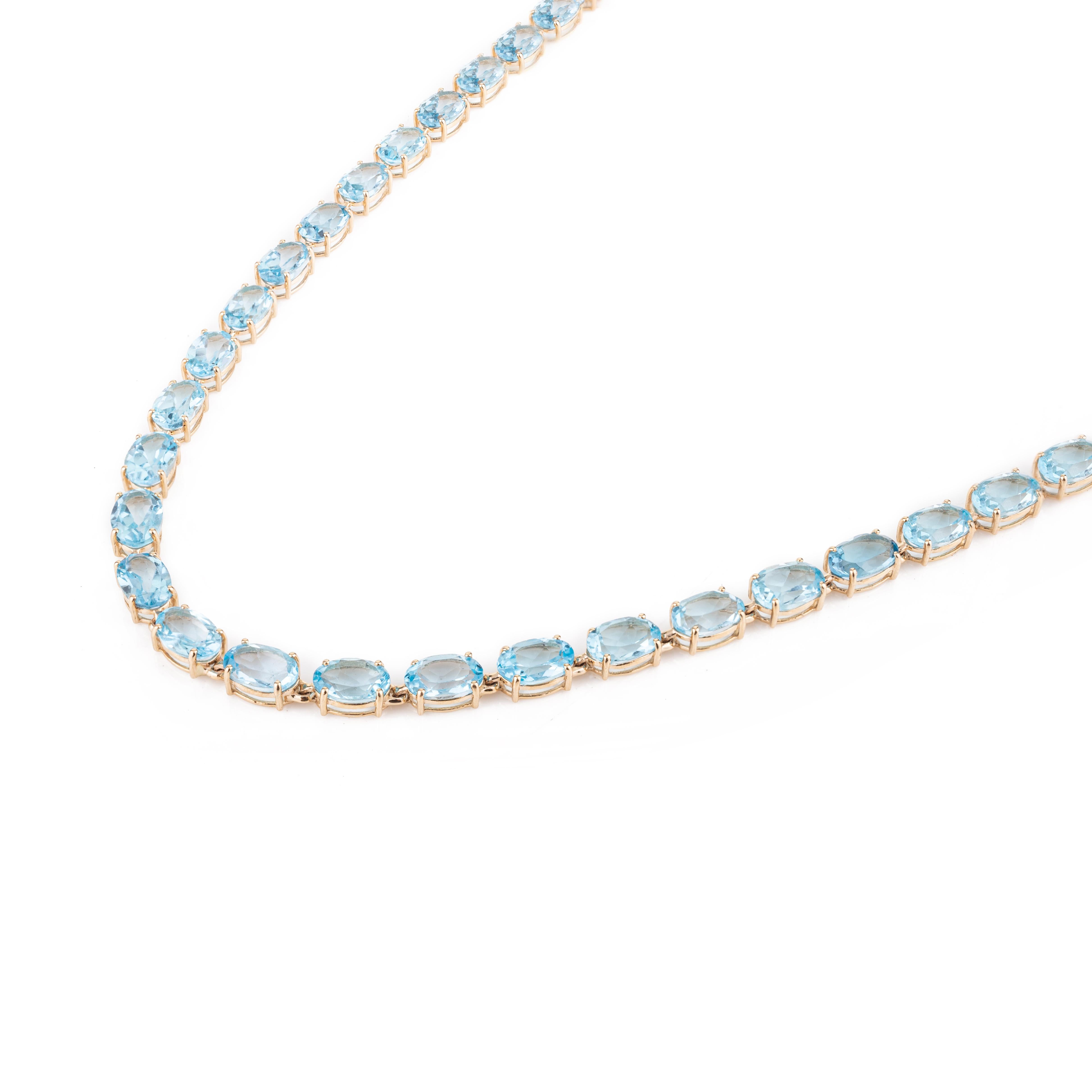 Oval Cut 14k Solid Yellow Gold Natural Blue Topaz Gemstone Necklace and Earrings Set For Sale