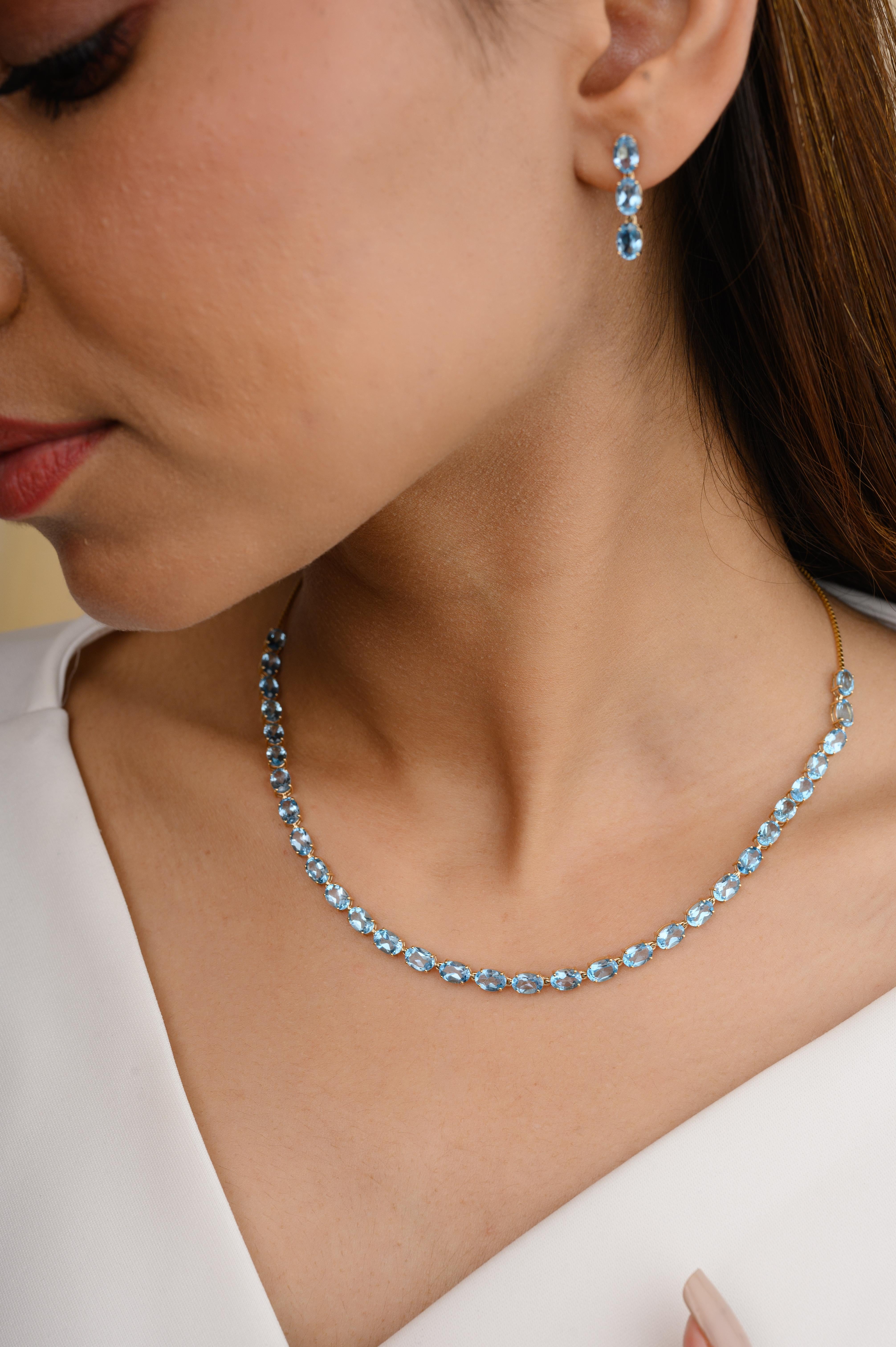 Oval Cut 14k Solid Yellow Gold Natural Blue Topaz Gemstone Necklace and Earrings Set For Sale