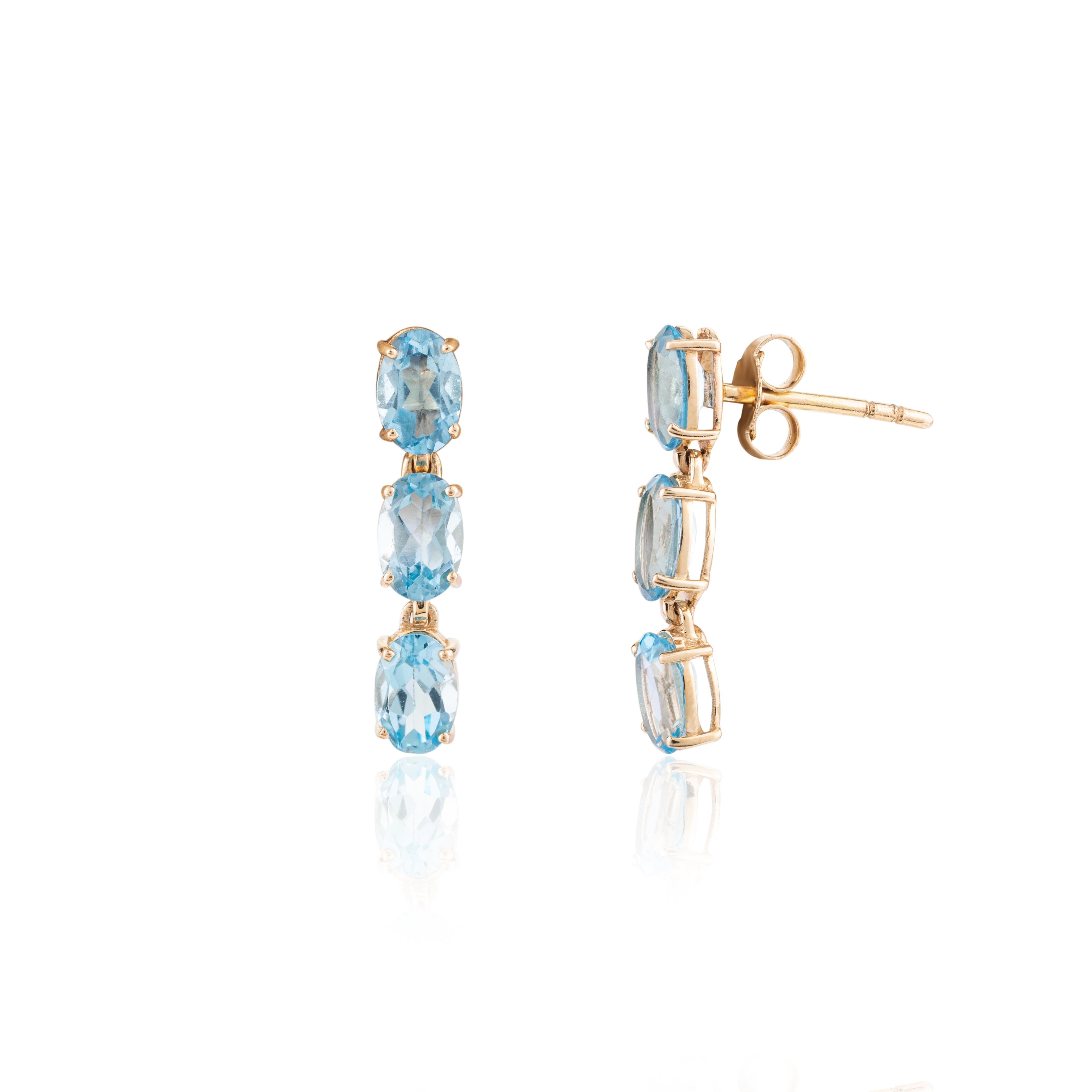 14k Solid Yellow Gold Natural Blue Topaz Gemstone Necklace and Earrings Set For Sale 2
