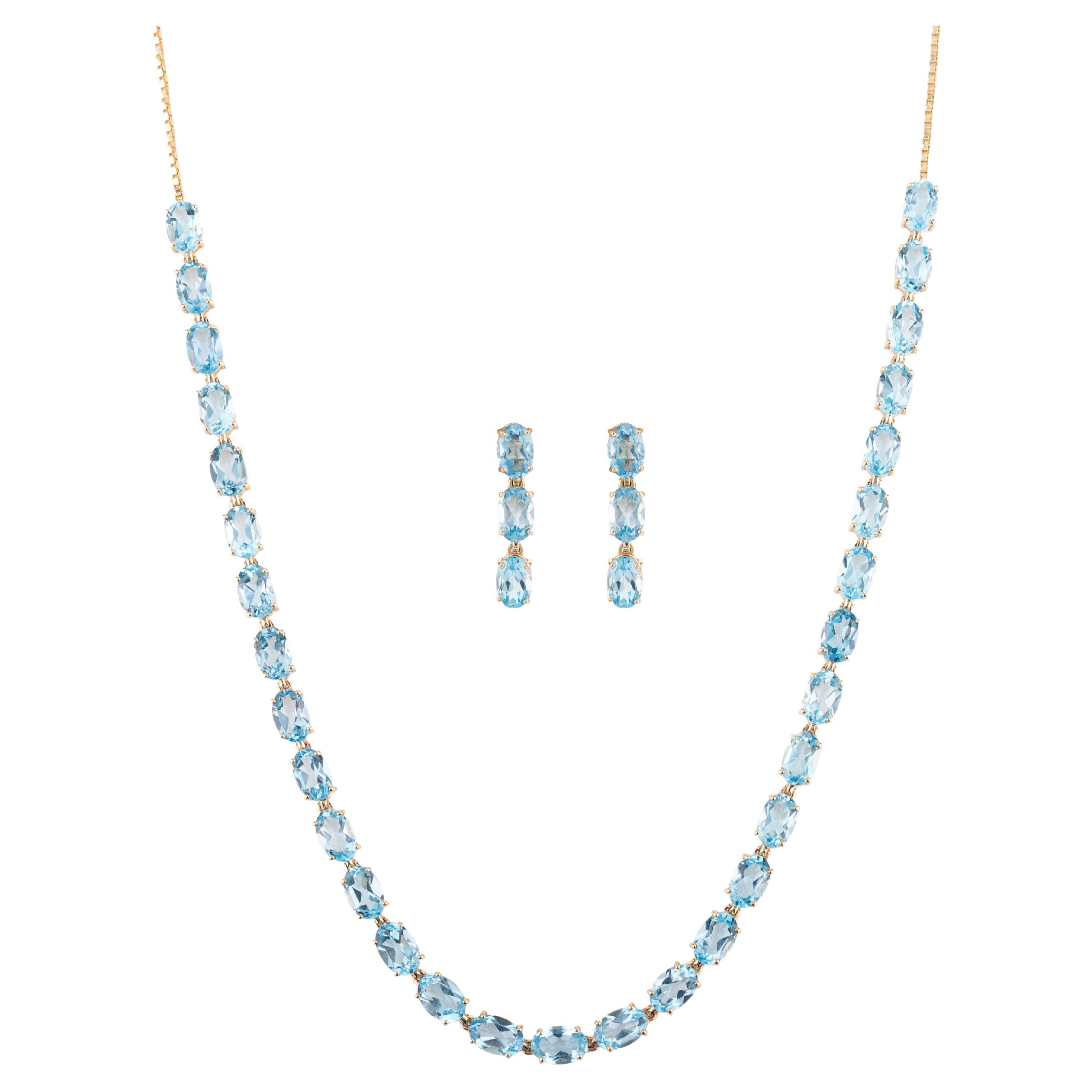 14k Solid Yellow Gold Natural Blue Topaz Gemstone Necklace and Earrings Set