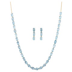 Set aus Halskette und Ohrringen aus 14 Karat massivem Gelbgold mit natürlichem blauem Topas und Edelsteinen