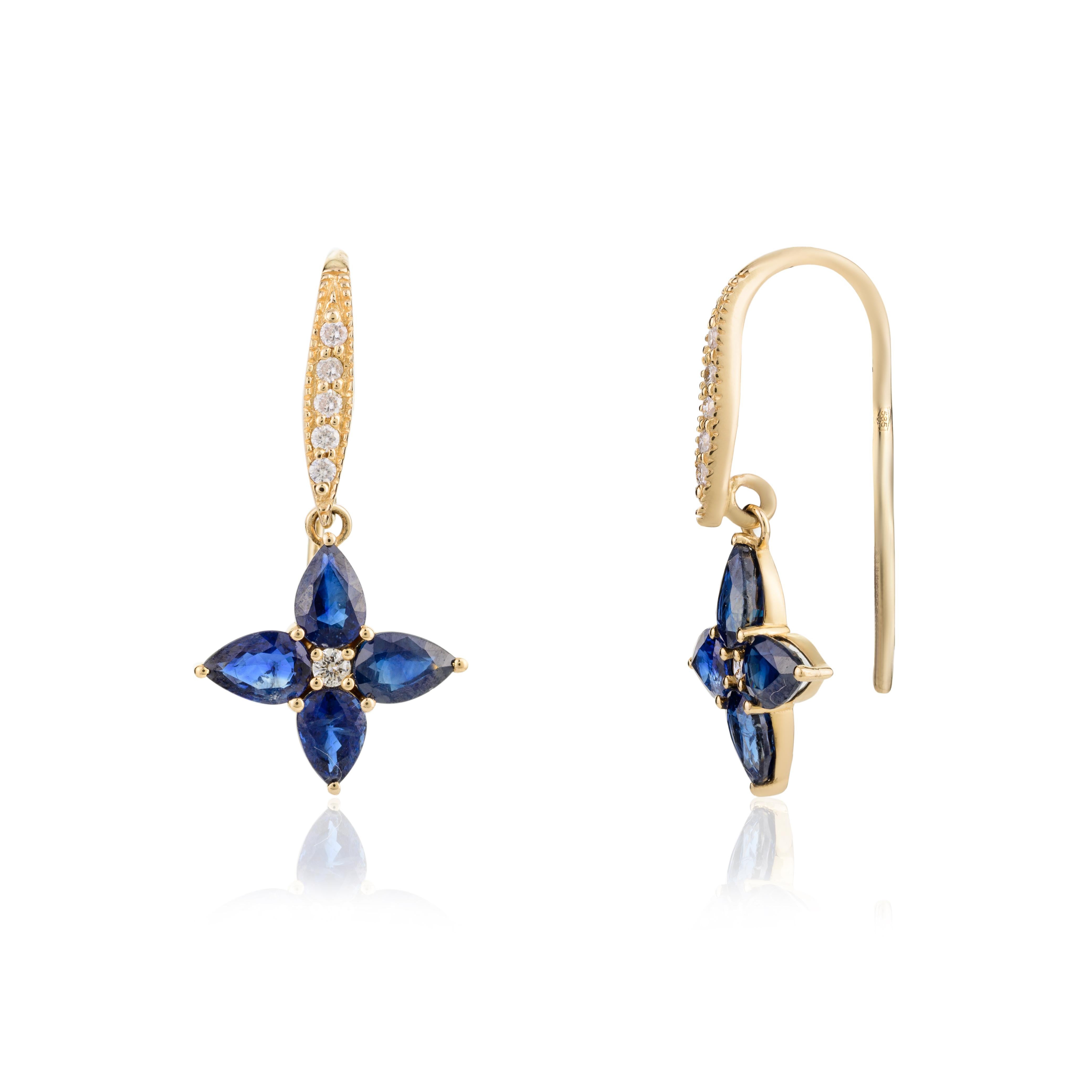 Modern 14k Solid Yellow Gold Natural Diamond and Blue Sapphire Flower Drop Earrings For Sale