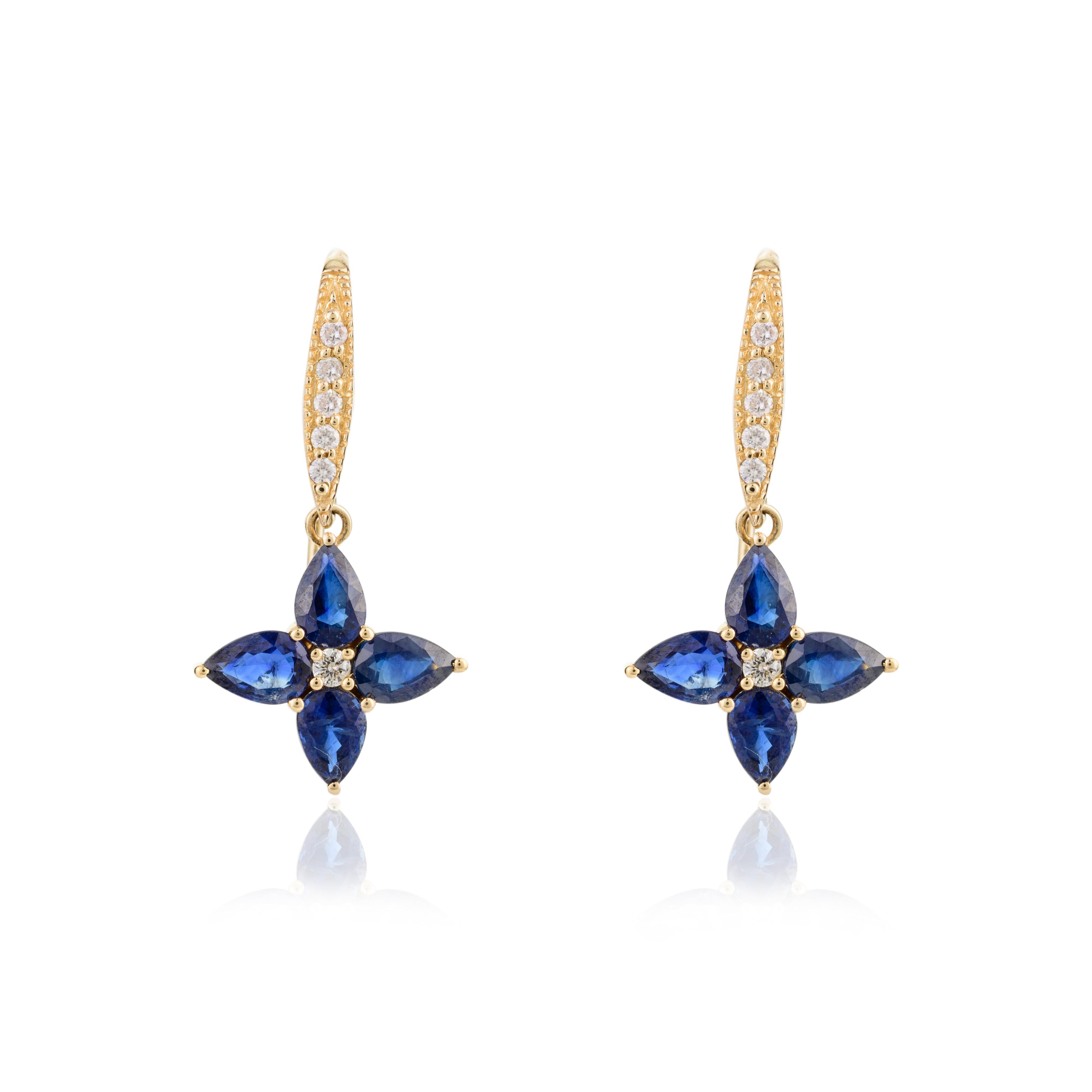 Pear Cut 14k Solid Yellow Gold Natural Diamond and Blue Sapphire Flower Drop Earrings For Sale