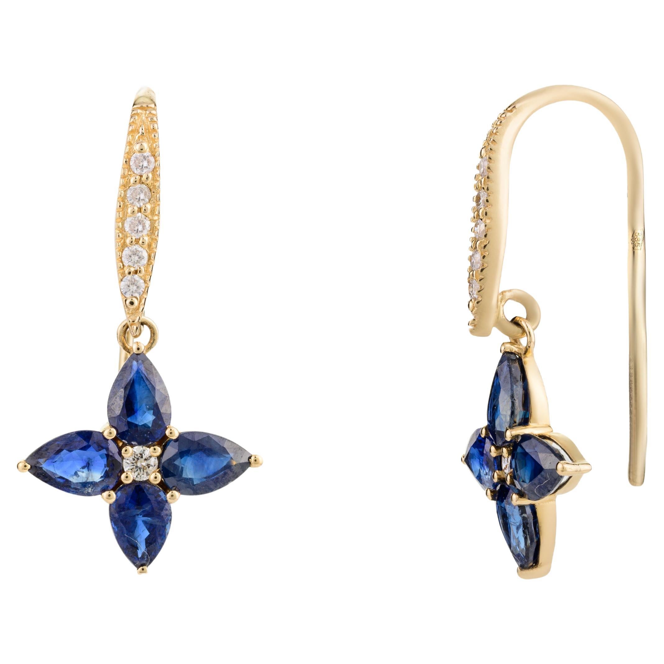 14k Solid Yellow Gold Natural Diamond and Blue Sapphire Flower Drop Earrings For Sale