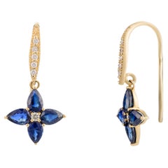 Boucles d'oreilles pendantes fleur en or jaune massif 14 carats, diamant naturel et saphir bleu