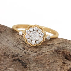 14K Solid Yellow Gold Natural Diamond Floral Design Solitaire Ring Gift For Her