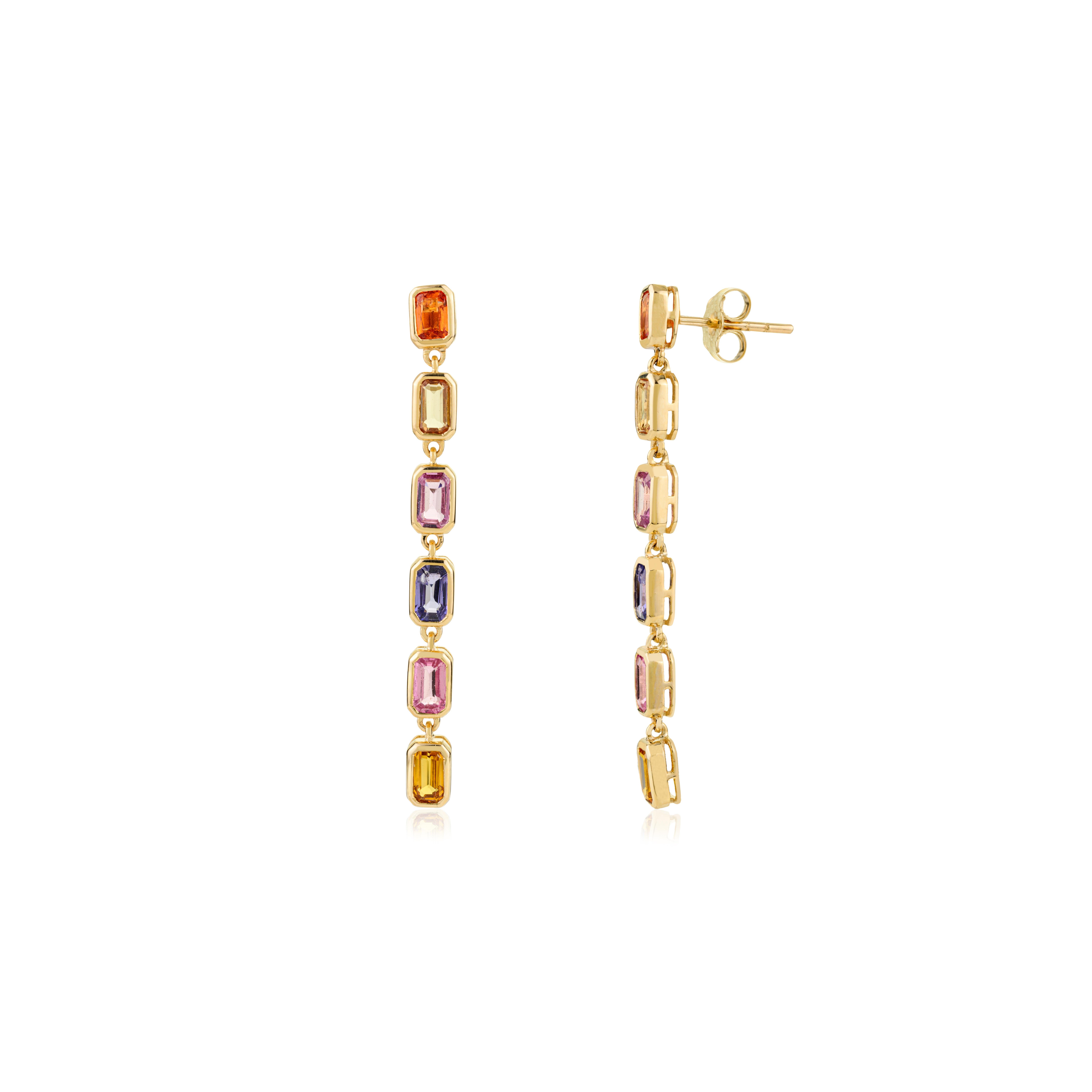 Pendientes Colgantes Largos de Zafiro Multicolor Natural de Oro Amarillo Macizo de 14k para Ella Moderno en venta