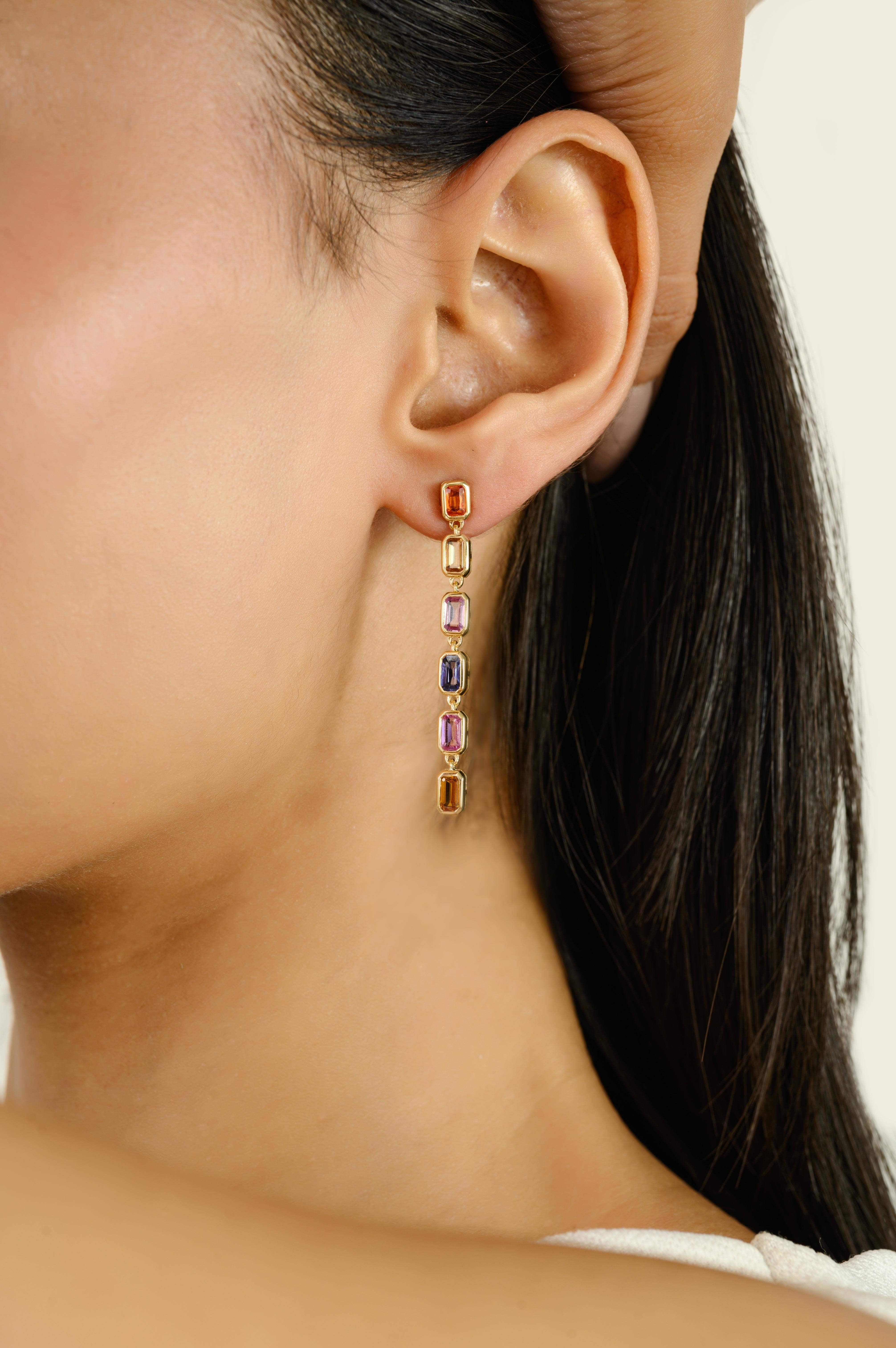 Pendientes Colgantes Largos de Zafiro Multicolor Natural de Oro Amarillo Macizo de 14k para Ella Corte octogonal en venta