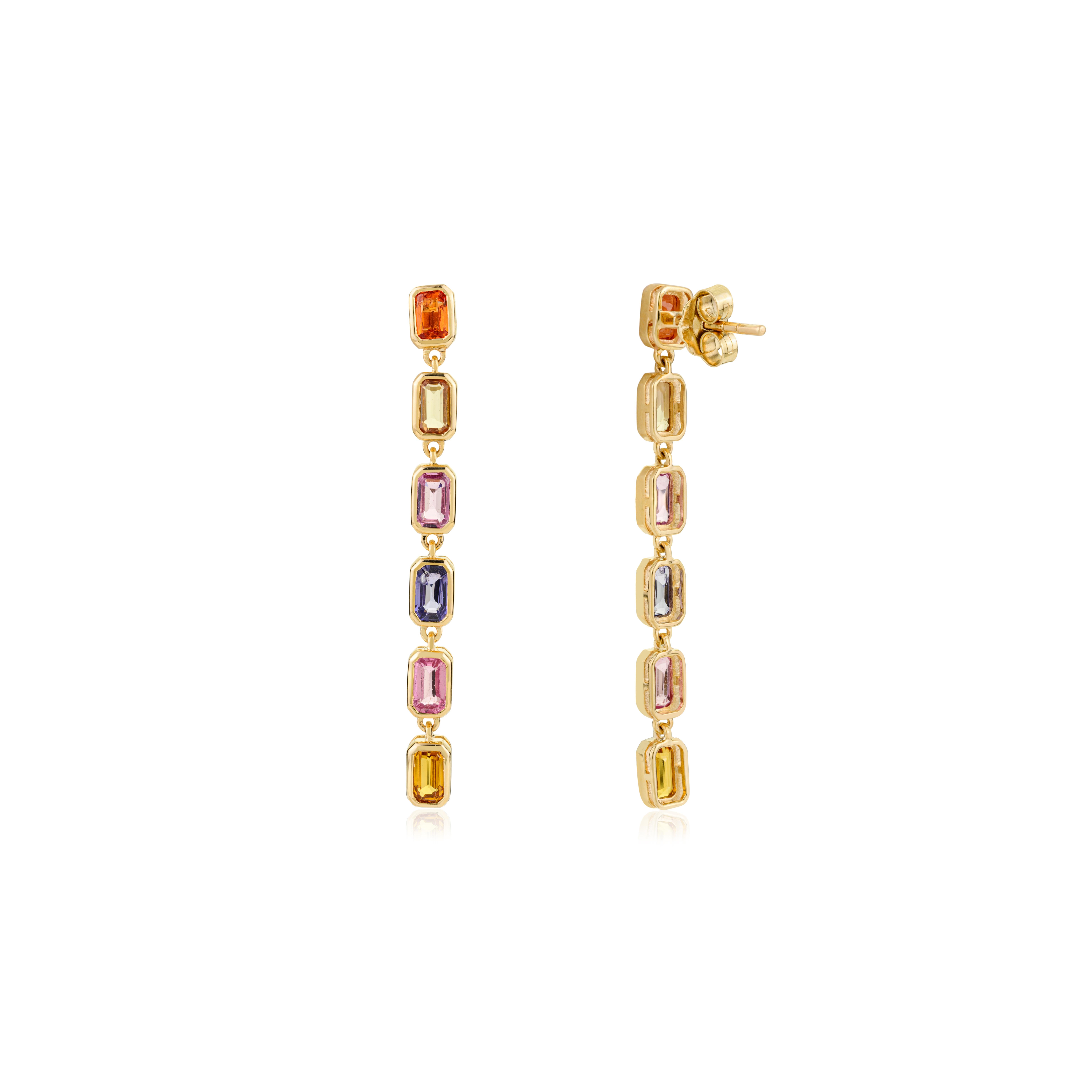 Pendientes Colgantes Largos de Zafiro Multicolor Natural de Oro Amarillo Macizo de 14k para Ella en Nuevo estado para la venta en New York, NY