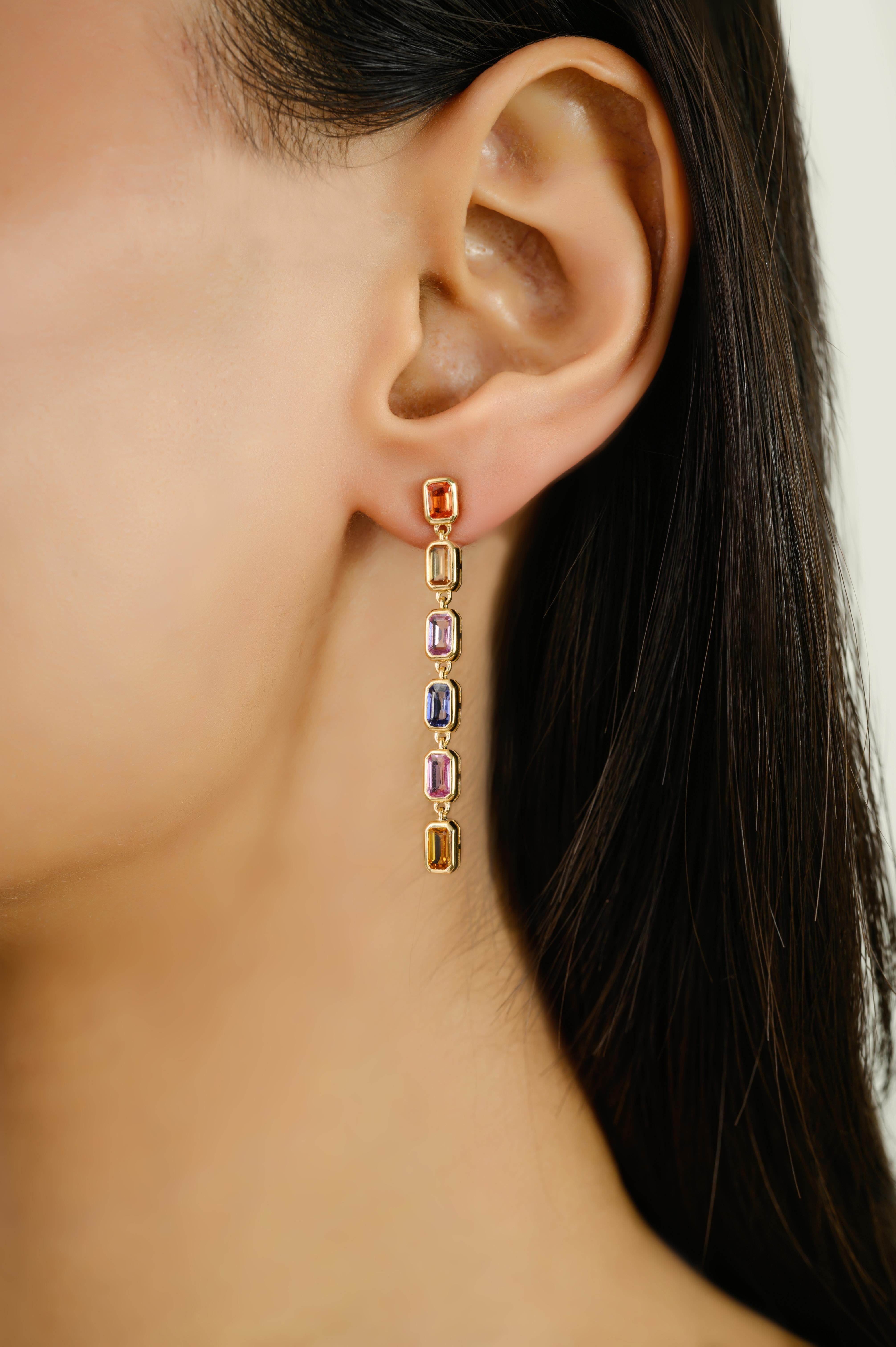De las mujeres Pendientes Colgantes Largos de Zafiro Multicolor Natural de Oro Amarillo Macizo de 14k para Ella en venta