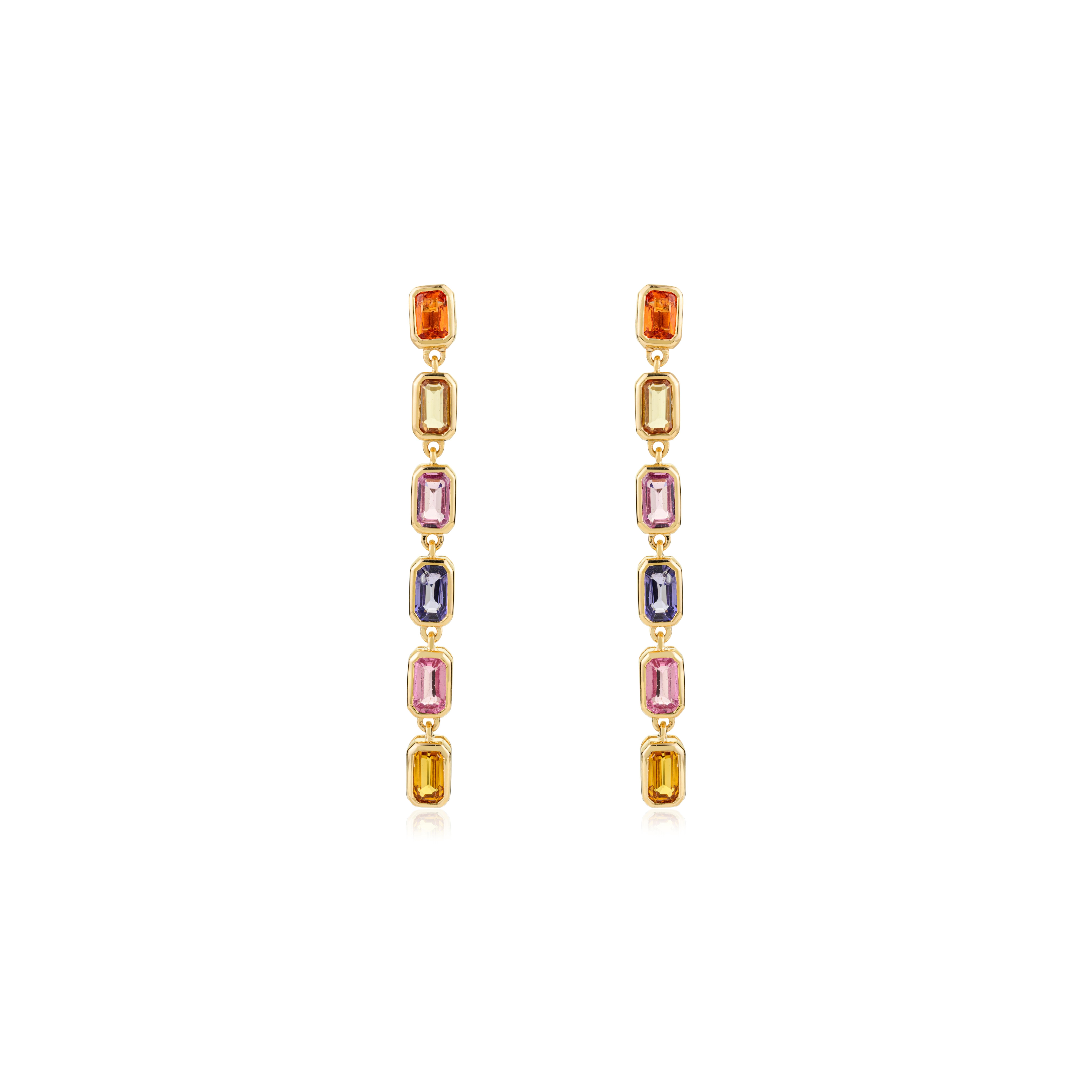 Pendientes Colgantes Largos de Zafiro Multicolor Natural de Oro Amarillo Macizo de 14k para Ella en venta 1
