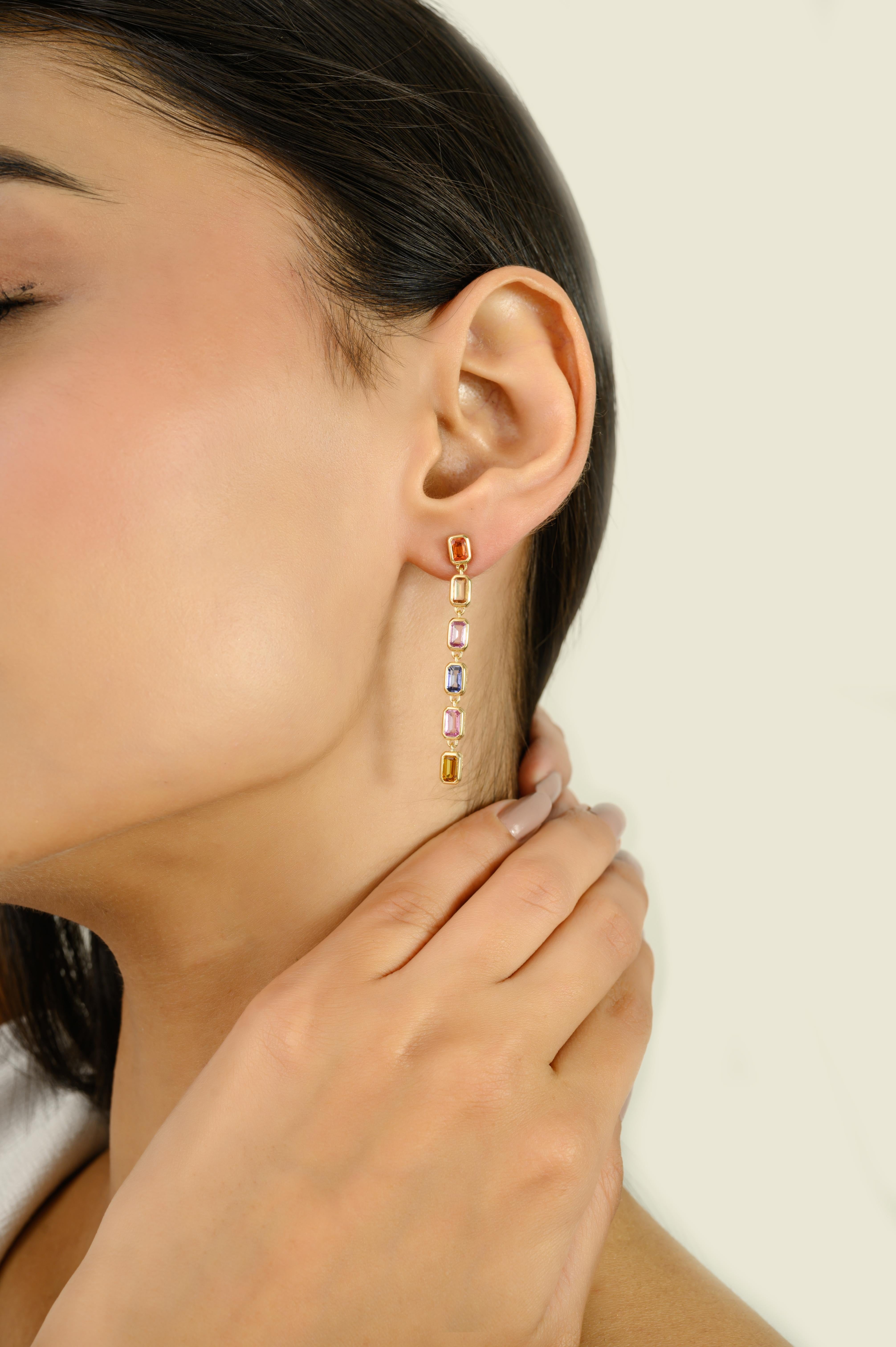 Pendientes Colgantes Largos de Zafiro Multicolor Natural de Oro Amarillo Macizo de 14k para Ella en venta 2