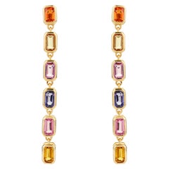 Pendientes Colgantes Largos de Zafiro Multicolor Natural de Oro Amarillo Macizo de 14k para Ella