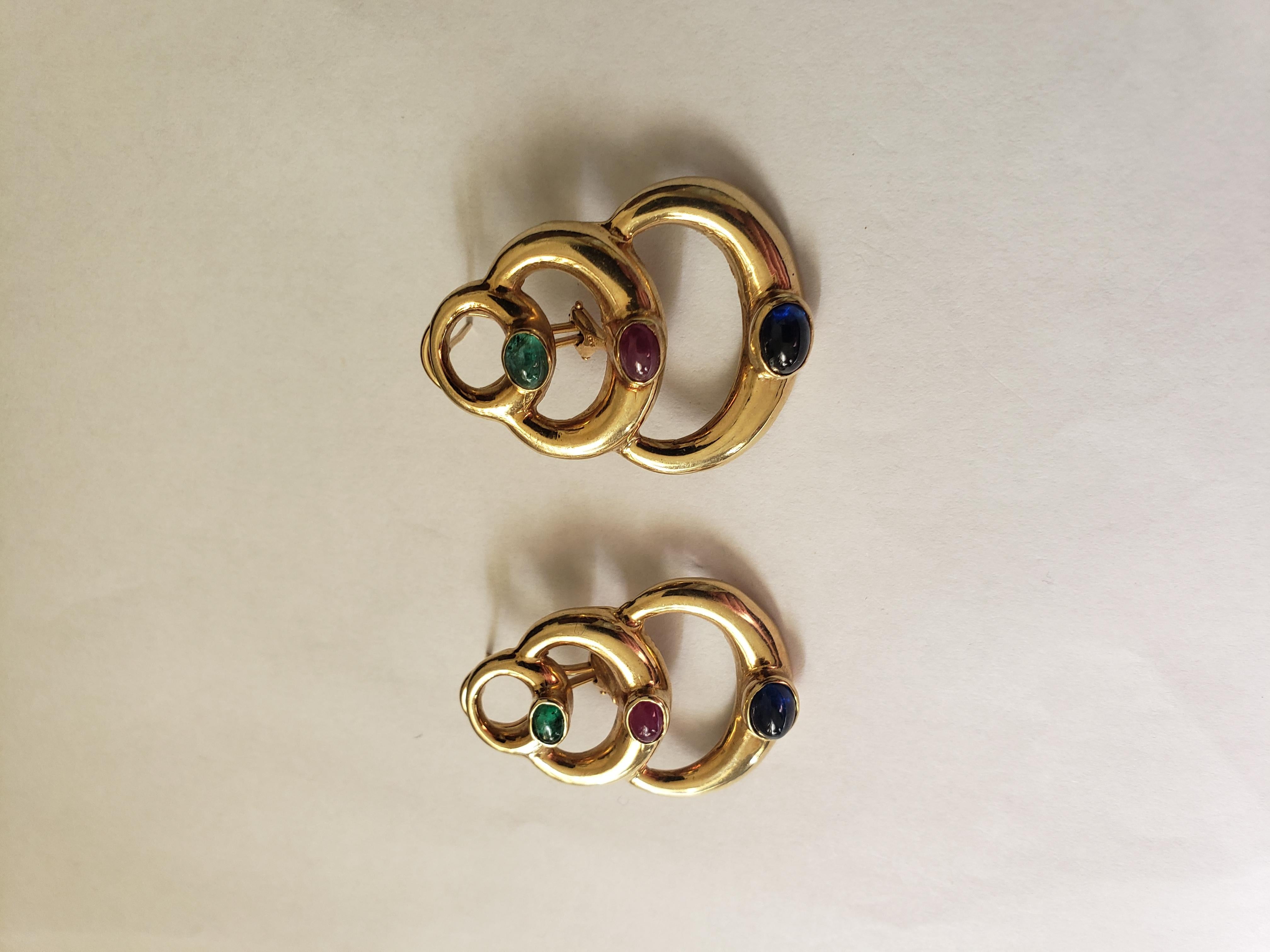 NEW 14K Solid Yellow Gold Natural Sapphire, Ruby and Emerald Earrings For Sale 1