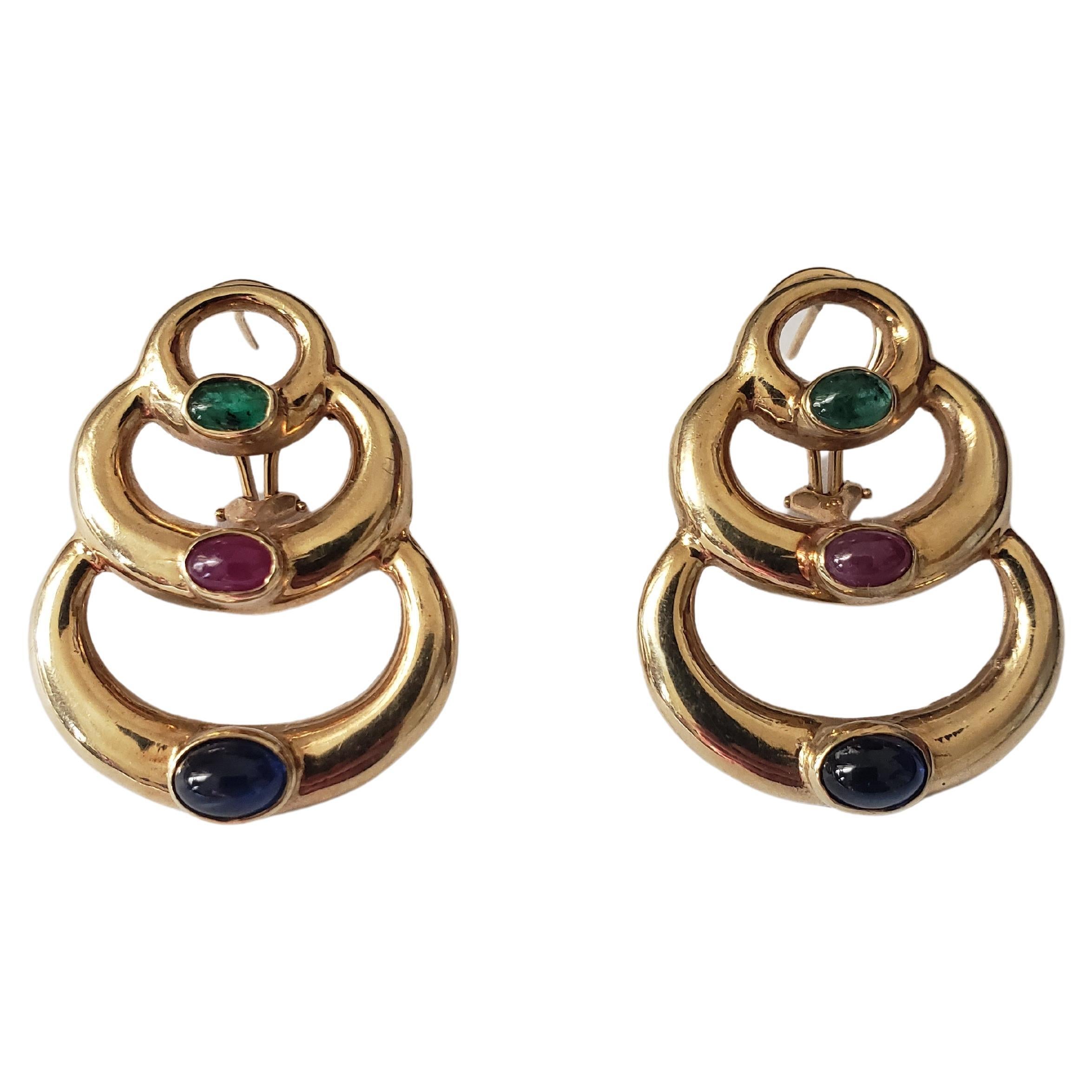 NEW 14K Solid Yellow Gold Natural Sapphire, Ruby and Emerald Earrings For Sale