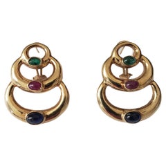 14K Solid Yellow Gold Natural Sapphire, Ruby and Emerald Earrings