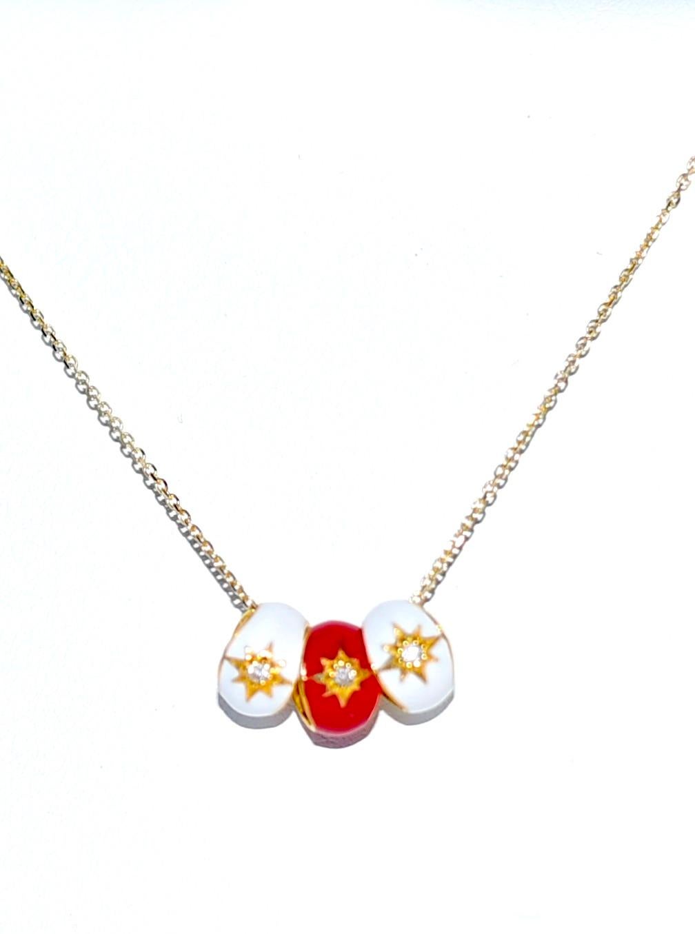 Lovely and daily wear a 14K Solid Yellow Gold necklace with a 6.8mm 14k Solid Yellow Gold Starburst Star Diamond Accent Reda and White Enamel Bead Pendant Charm. Diamond accents,
Chain: 14K Solid Yellow GOLD 0.8mm Cable Chain Necklace 16 17 18 inch