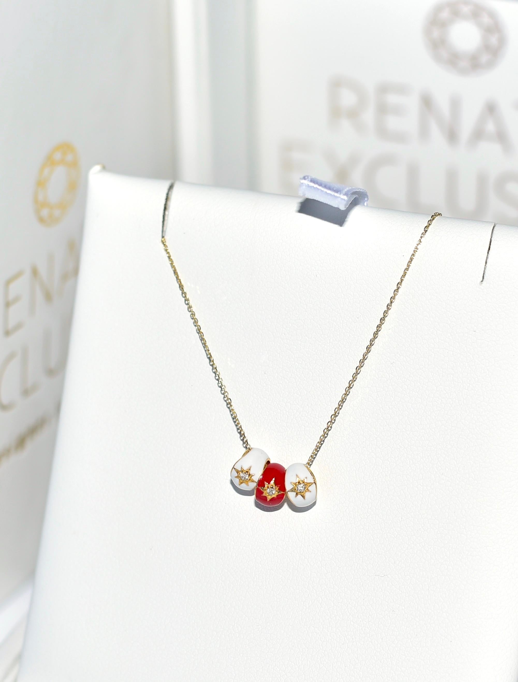Modern 14K Solid Yellow Gold Necklace with Red and White 14K Gold Enamel Pendant For Sale