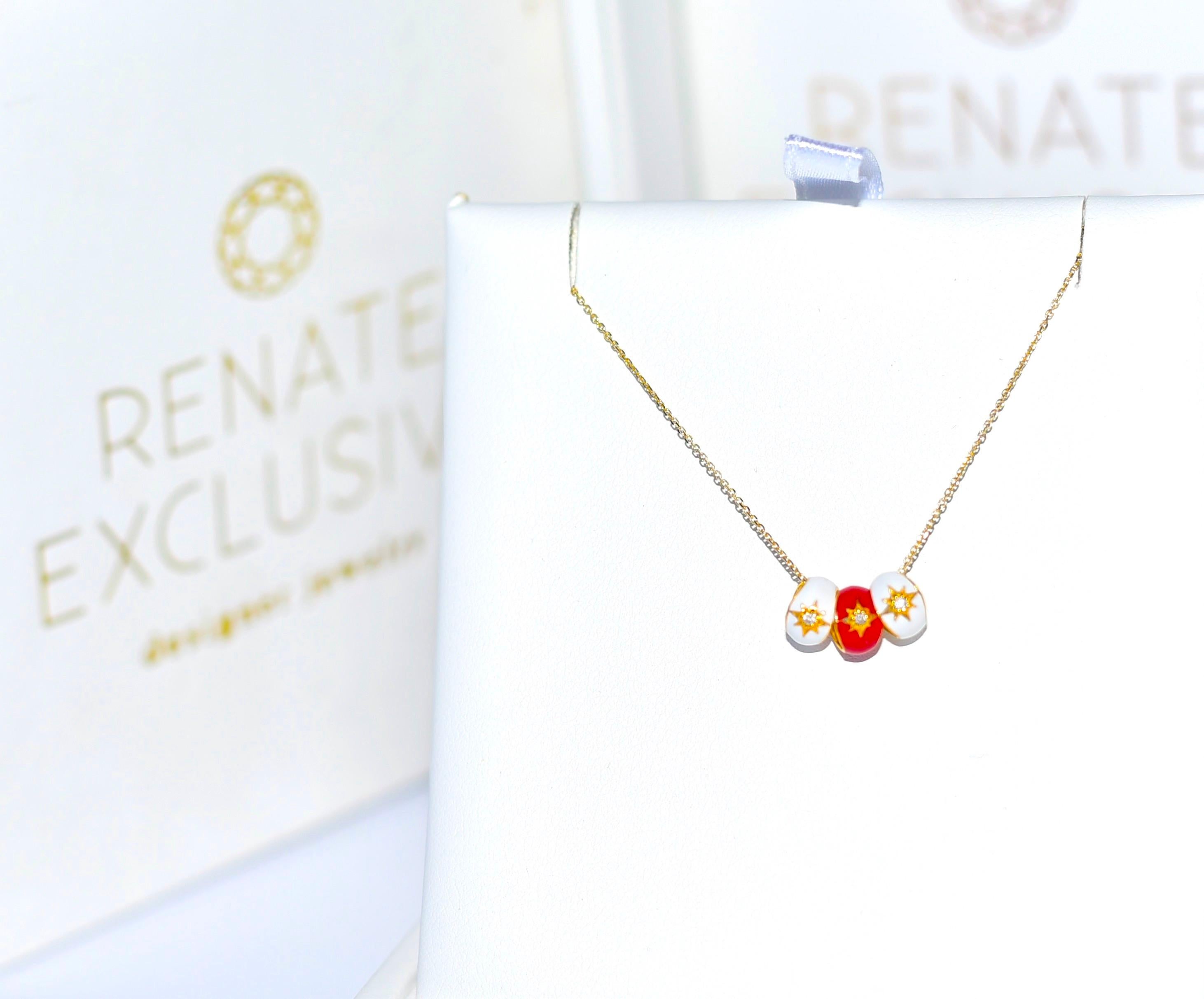 Women's 14K Solid Yellow Gold Necklace with Red and White 14K Gold Enamel Pendant For Sale