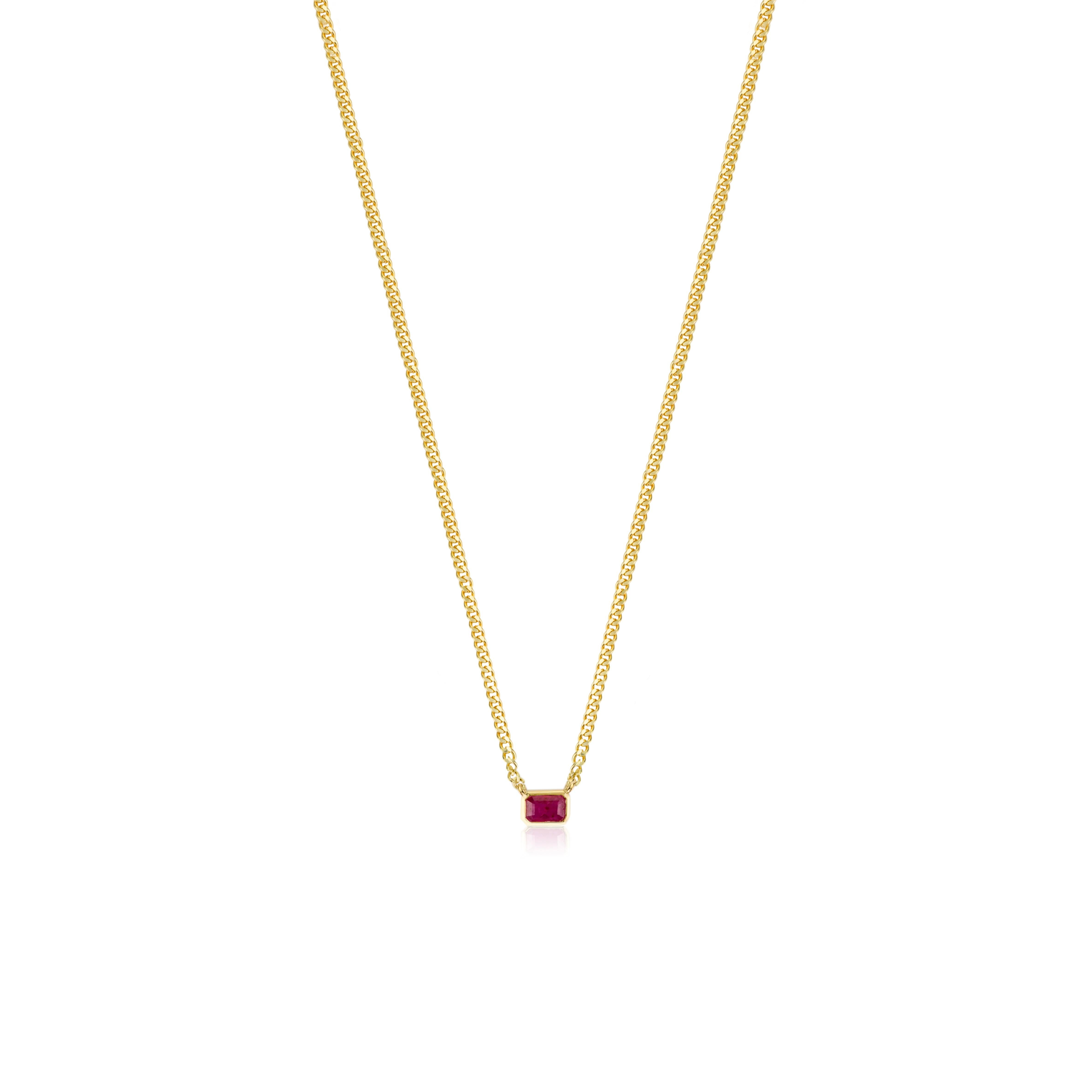 Modern 14k Solid Yellow Gold Octagon-Cut Ruby Pendant Necklace with Curb Chain for Her For Sale