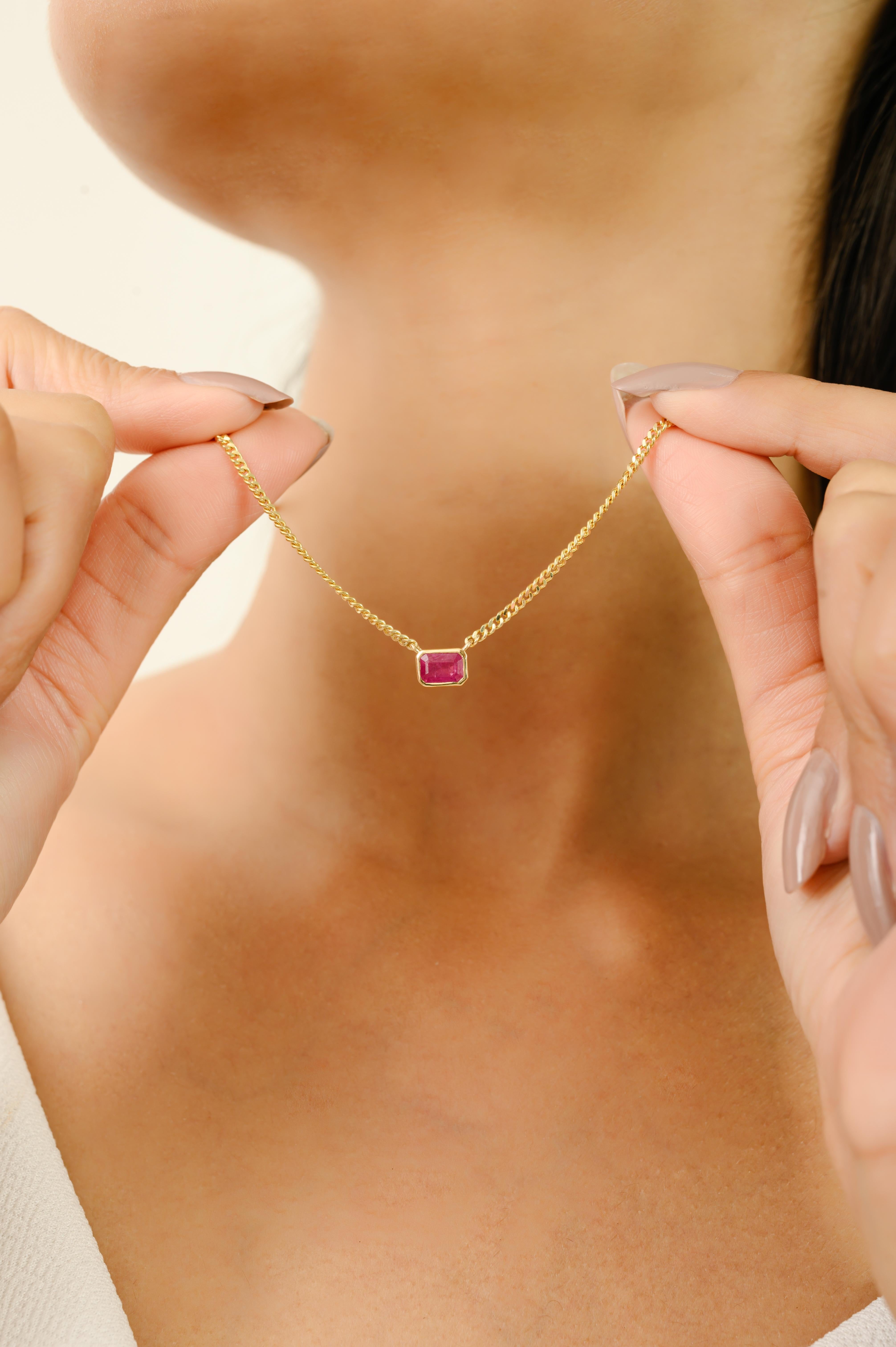 Octagon Cut 14k Solid Yellow Gold Octagon-Cut Ruby Pendant Necklace with Curb Chain for Her For Sale