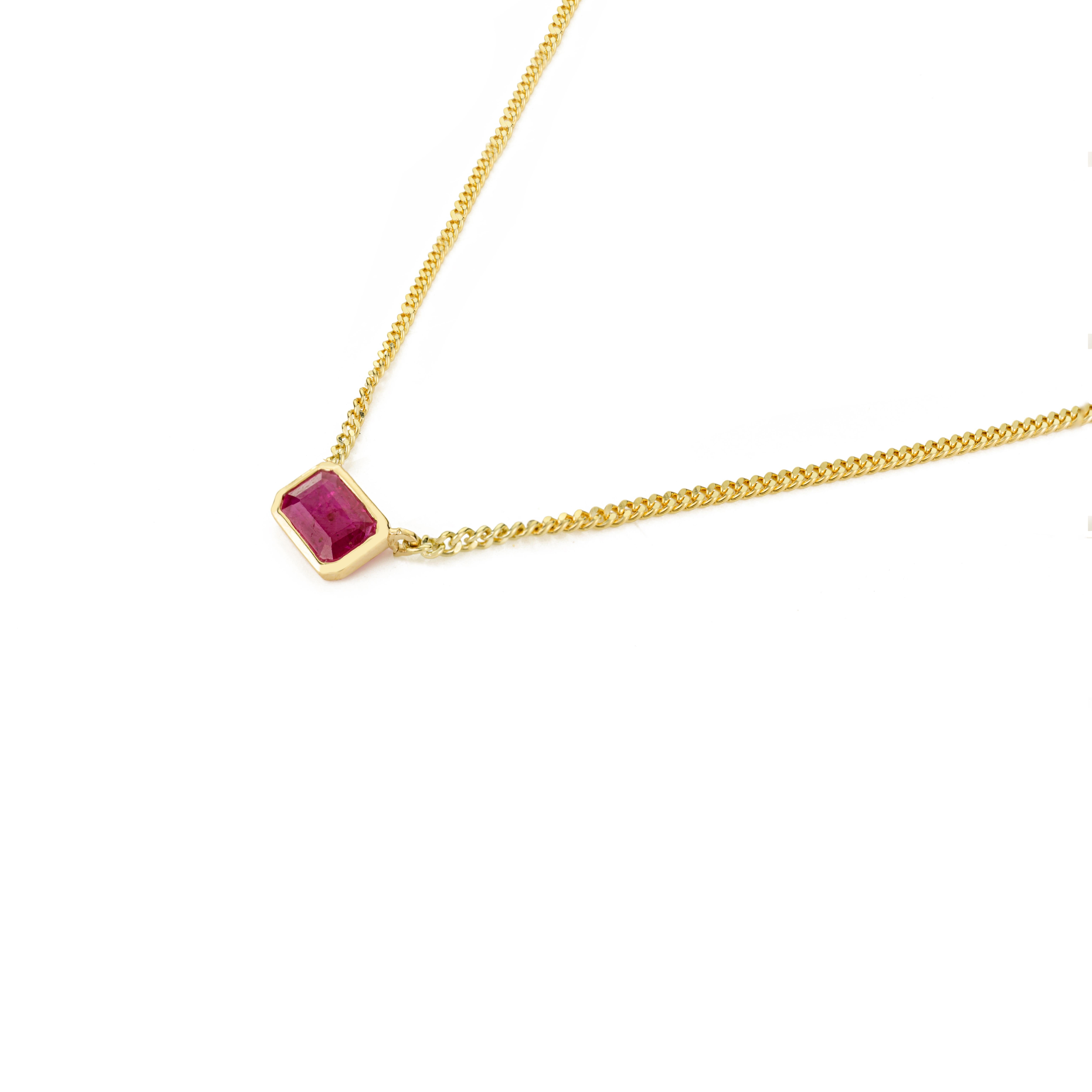 14k Solid Yellow Gold Octagon-Cut Ruby Pendant Necklace with Curb Chain for Her In New Condition For Sale In New York, NY