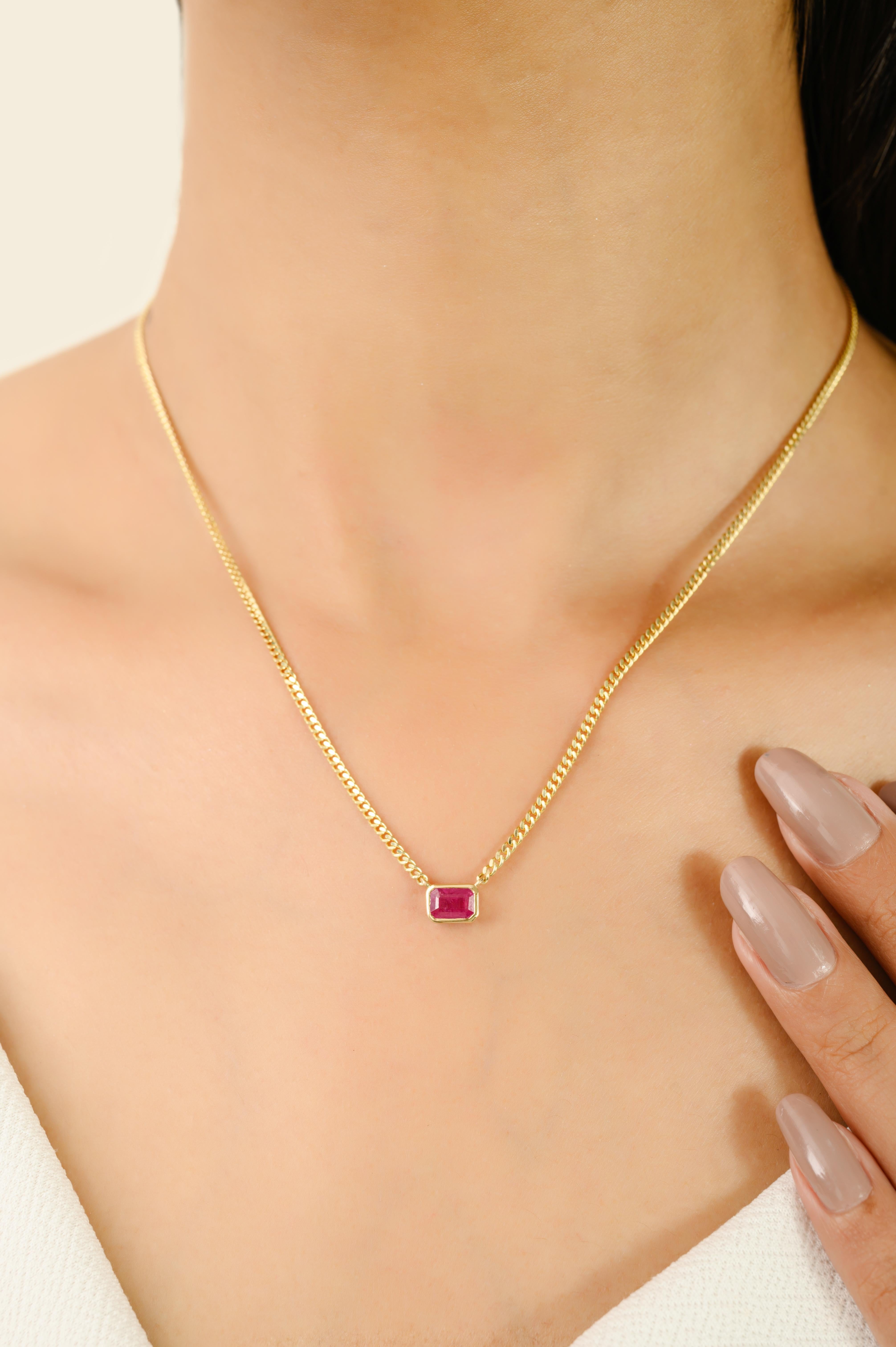 Women's 14k Solid Yellow Gold Octagon-Cut Ruby Pendant Necklace with Curb Chain for Her For Sale