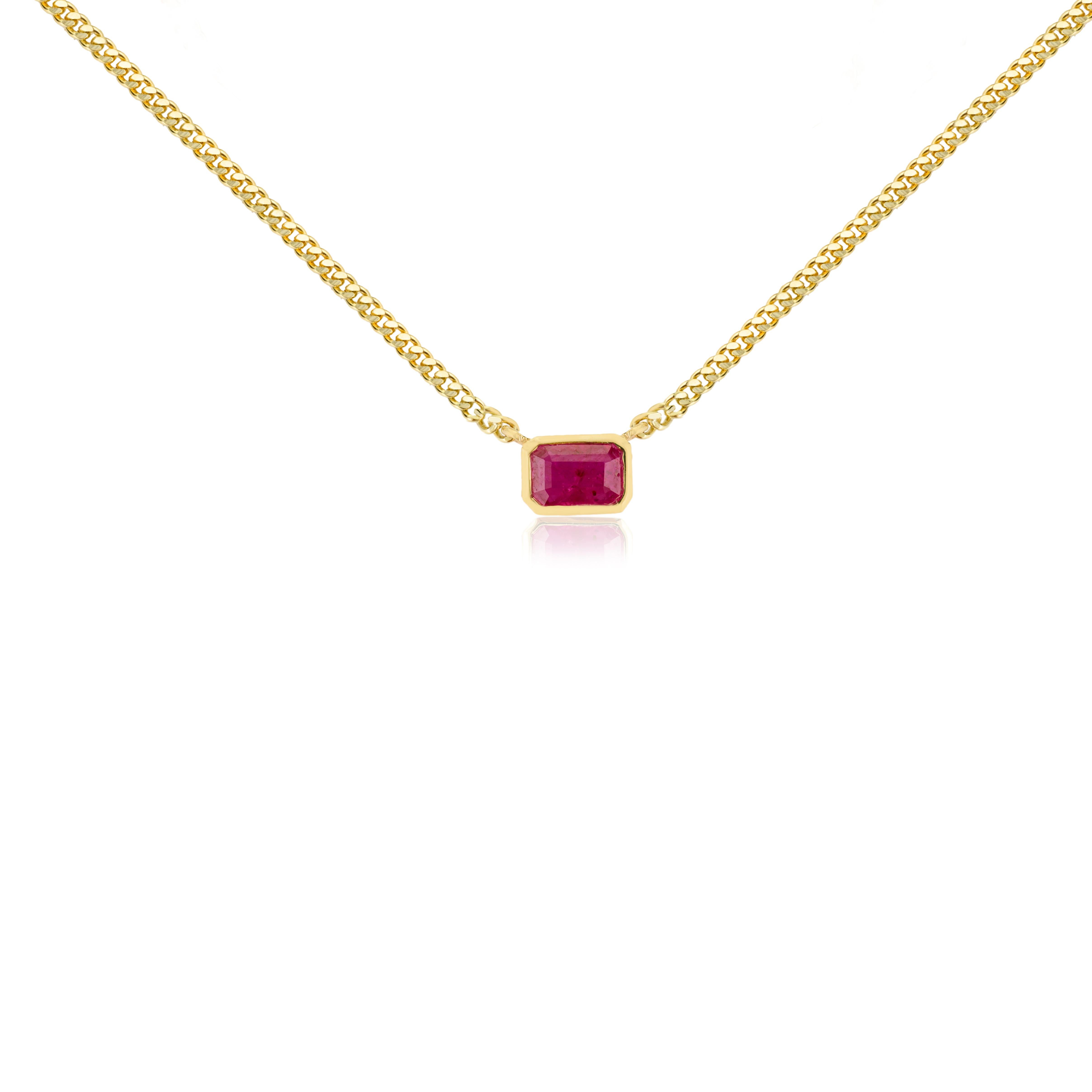14k Solid Yellow Gold Octagon-Cut Ruby Pendant Necklace with Curb Chain for Her For Sale 3