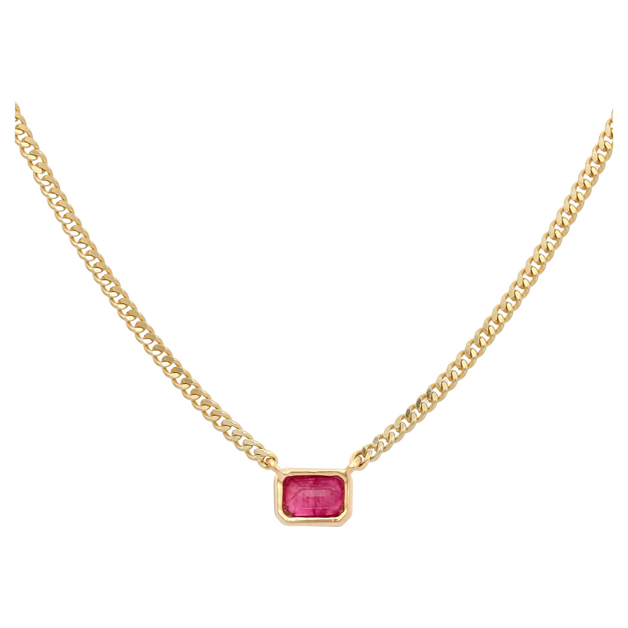 14k Solid Yellow Gold Octagon-Cut Ruby Pendant Necklace with Curb Chain for Her