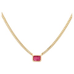 14k Solid Yellow Gold Octagon-Cut Ruby Pendant Necklace with Curb Chain for Her