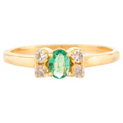 14k Solid Yellow Gold Oval Cut Emerald Gemstone and Diamond Ring for Women
