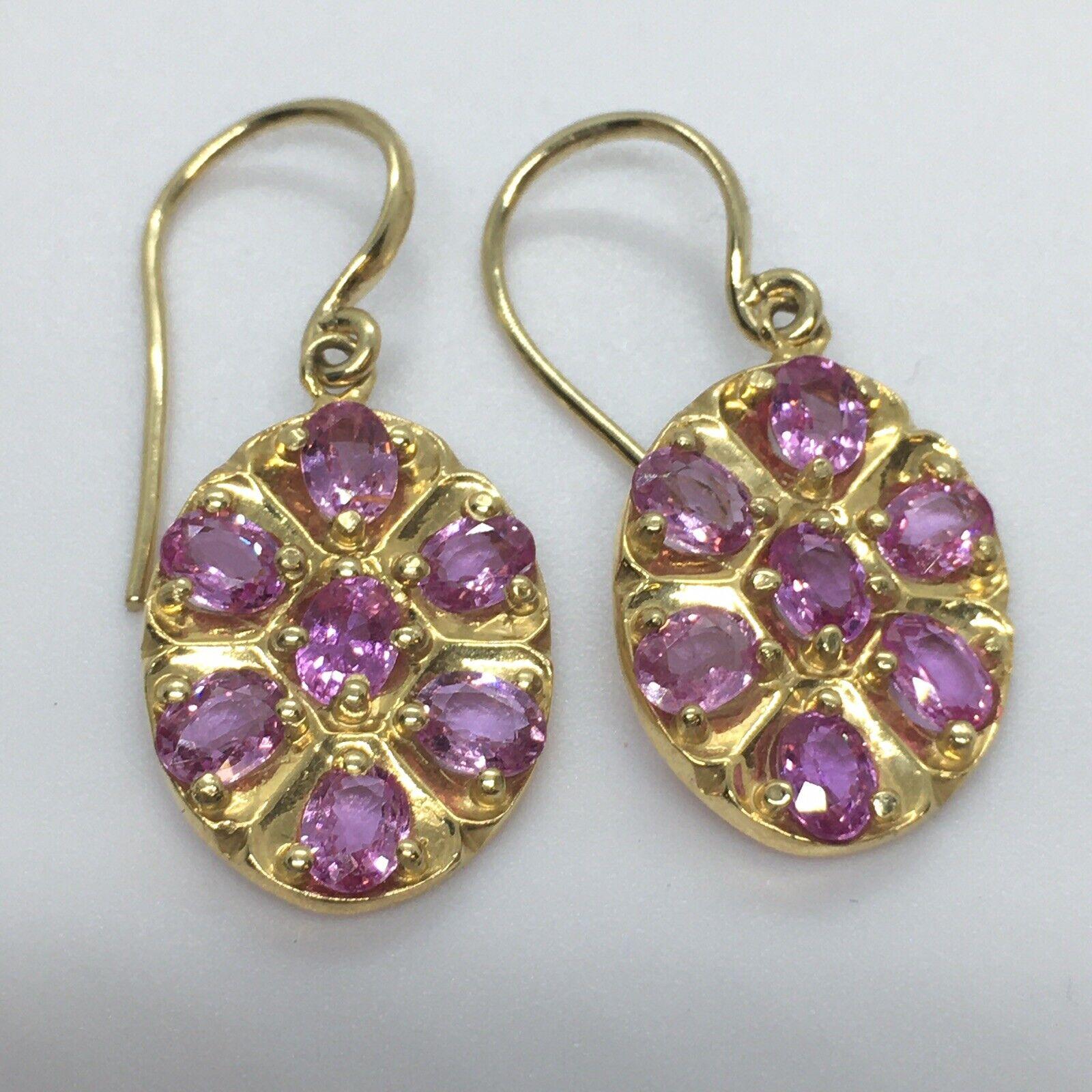 Modernist 14K Solid Yellow Gold Oval Pink Sapphire Dangling Wire Earrings Hanging