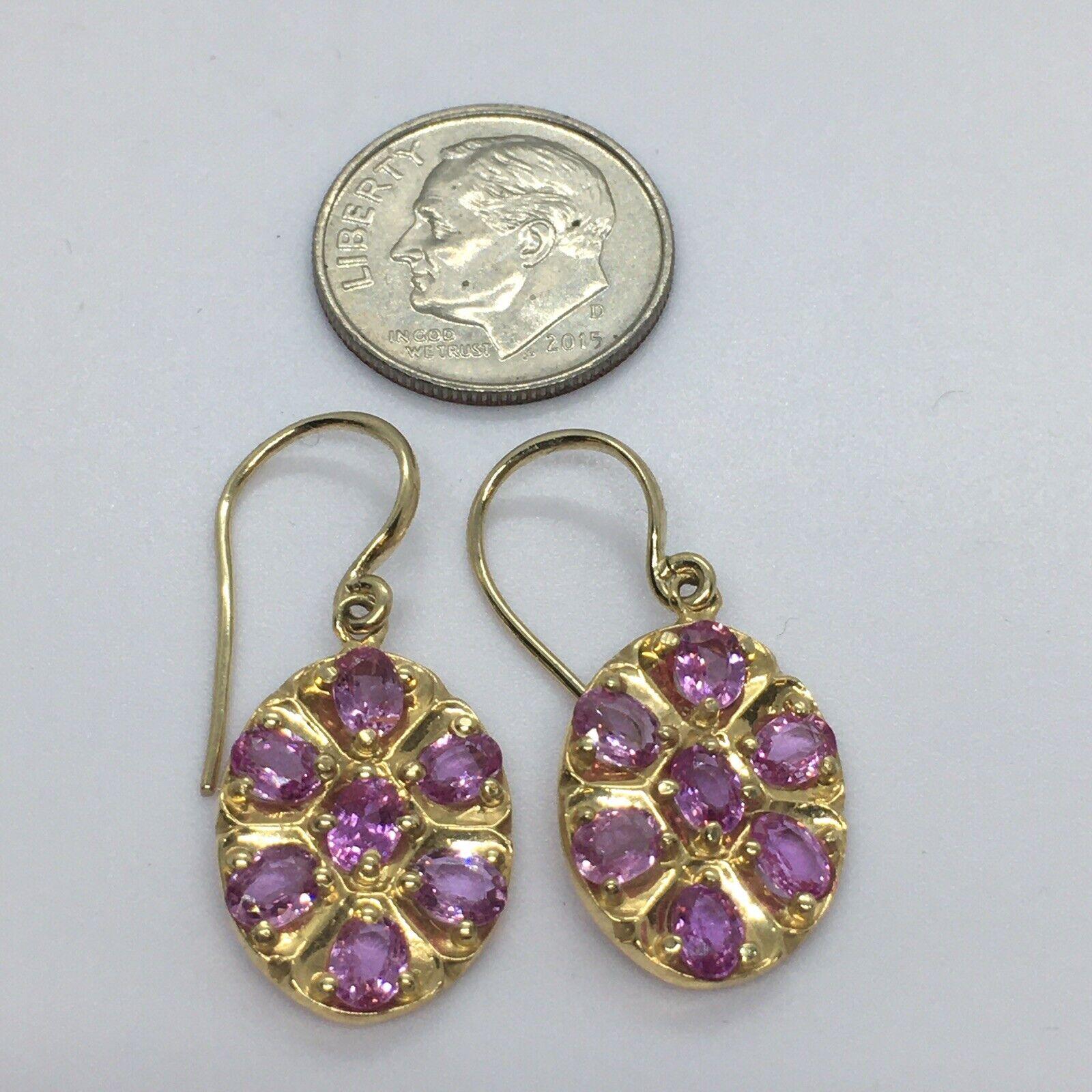 Oval Cut 14K Solid Yellow Gold Oval Pink Sapphire Dangling Wire Earrings Hanging