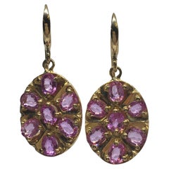 14K Solid Yellow Gold Oval Pink Sapphire Dangling Wire Earrings Hanging